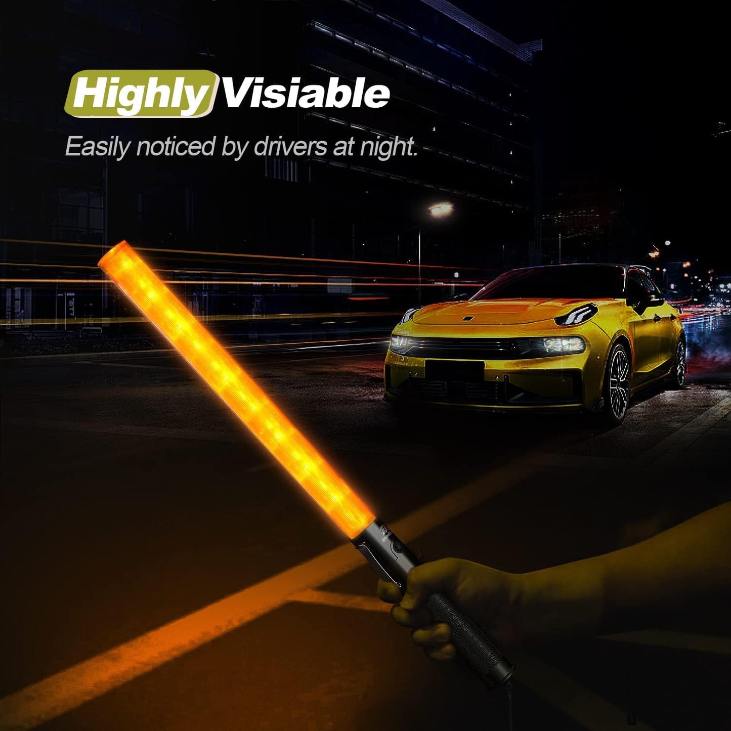 RoadHero 2 Pack 21 Inch Traffic Wand, Yellow Led Traffic Control Baton, Night Safety Light Wands with 2 Flashing Modes, Air Marshaling Signal Wand with Side Clip for Airport, Parking, Car Directing
