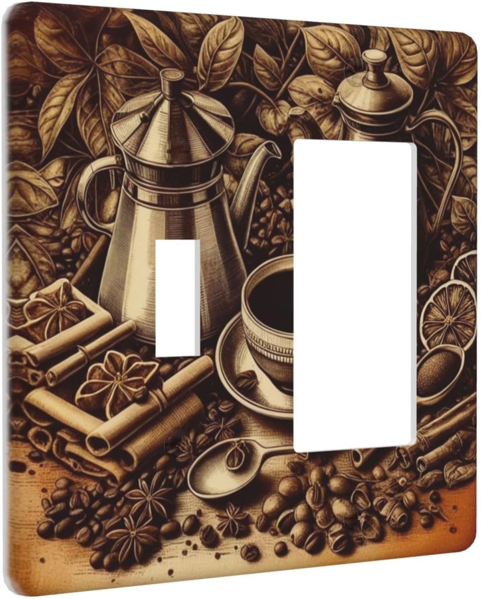 Decorative Outlet Covers Vintage Coffee Beans Leaf Cup 2 Gang 1 Gang Wall Plate Cover Single Toggle Rocker Combo Light Switch Cover Plate Face Plate for Kitchen Decor