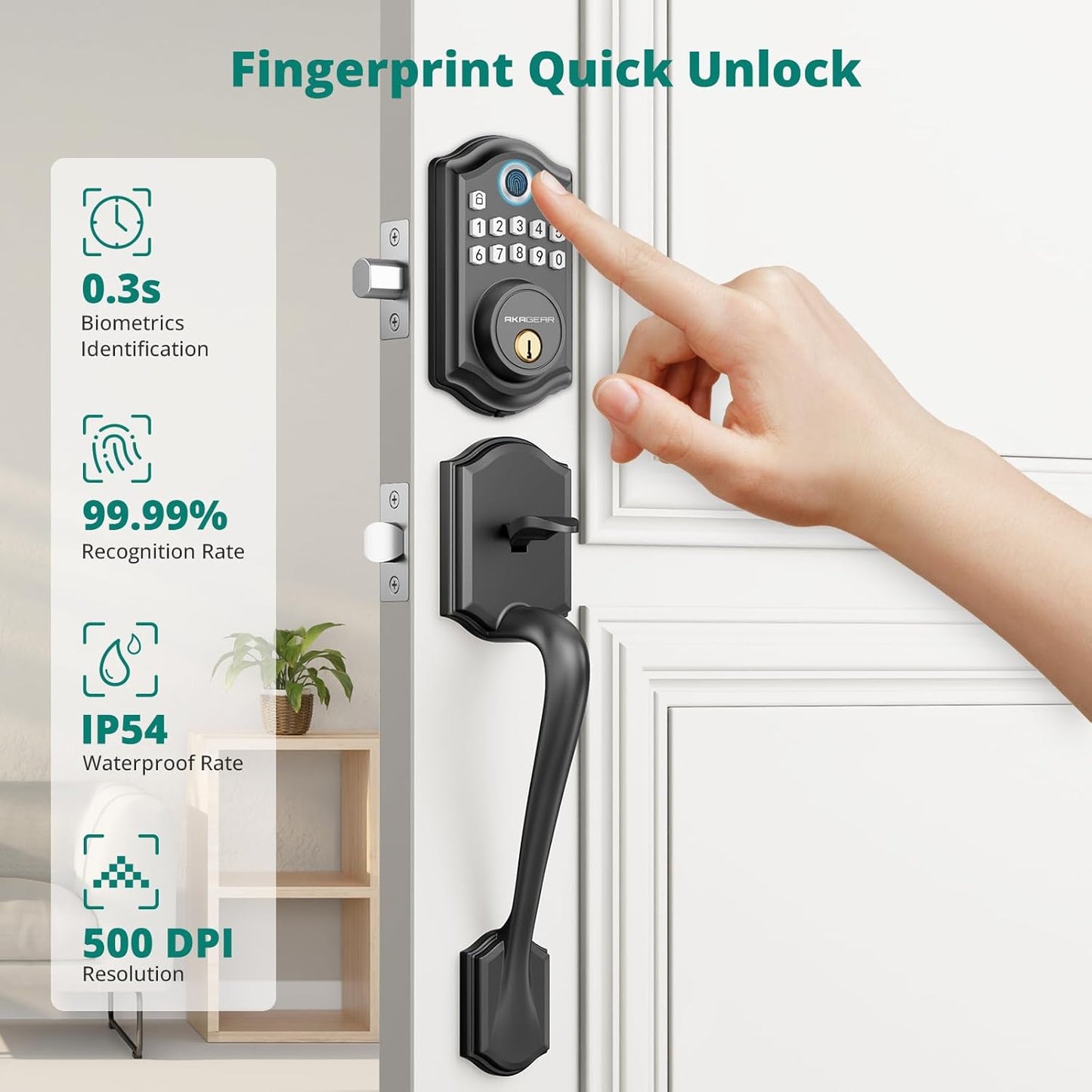 DS10 Keyless Entry Door Lock with Handle Set - Fingerprint DeadBolt, Electronic Keypad Deadbolt, Smart Locks for Front Door, Auto-Lock & One Touch Locking, Easy Installation - Matte Black