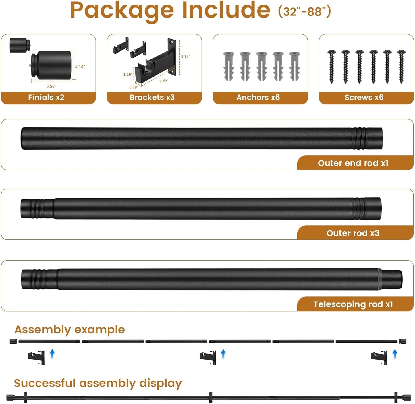 Black Aluminium Curtain Rods for Windows,1 Inch Adjustable Curtain Rod 48-84,Heavy Duty Drapery Rods with Thicken Bracket,Decorative Modern Single Rod with Aluminium Finials