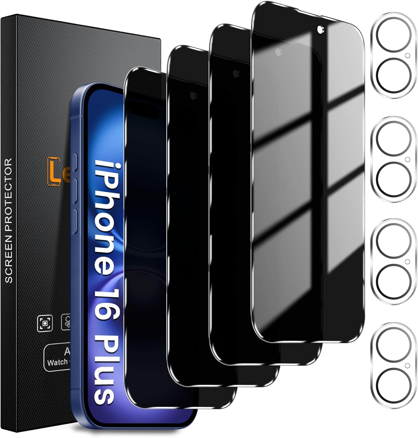 4+4 Pack Privacy Screen Protector for iPhone 16 Plus 6.7-Inch with 4 Pack Camera Lens Protector, Anti Spy Tempered Glass Film 9H Hardness Case Friendly