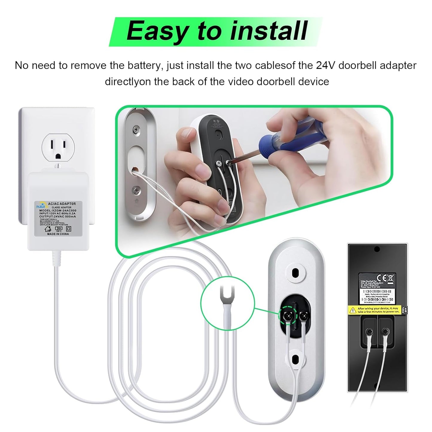 24 Volt Doorbell Transformer Power Supply for Ring Video Doorbell,Compatible with Ring,Google Nest,WYZE, Eufy,Blink Video Doorbells(𝟑𝟑𝐅𝐓 𝐄𝐱𝐭𝐞𝐧𝐬𝐢𝐨𝐧 𝐂𝐨𝐫𝐝)