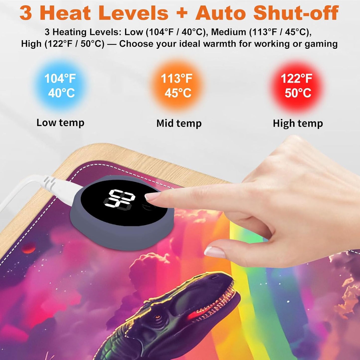 Heated Mouse Pad for Desk 31.5" x 13" – PU Leather Warm Desk Pad with 3 Heat Levels (104°F/113°F/122°F), Plug-in Electric Heating Mat with Auto Shut-Off, Waterproof & Rollable, Astronaut on Dinosaur