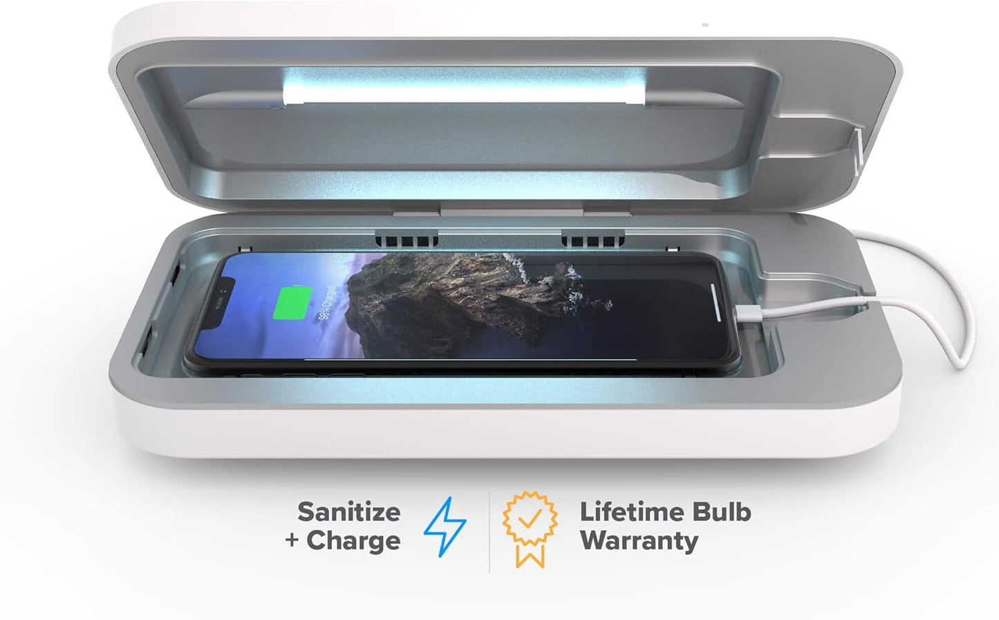 PhoneSoap 3 UV Cell Phone Sanitizer & Dual Universal Cell Phone Charger Box | Patented & Clinically Proven 360-Degree UV-C Light Sanitizer | Disinfects and Charges All Phones (White)