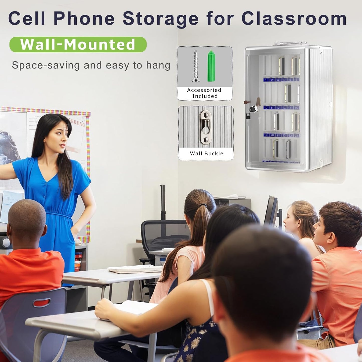 Loghot Aluminum Alloy Pocket Chart Cell Phones Storage Cabinet for Cell Phones, Wall-Mounted Cell Phone Locker Phone Holder with Lock for Classroom, Office, Can be Carried by Hand (36 Slots)