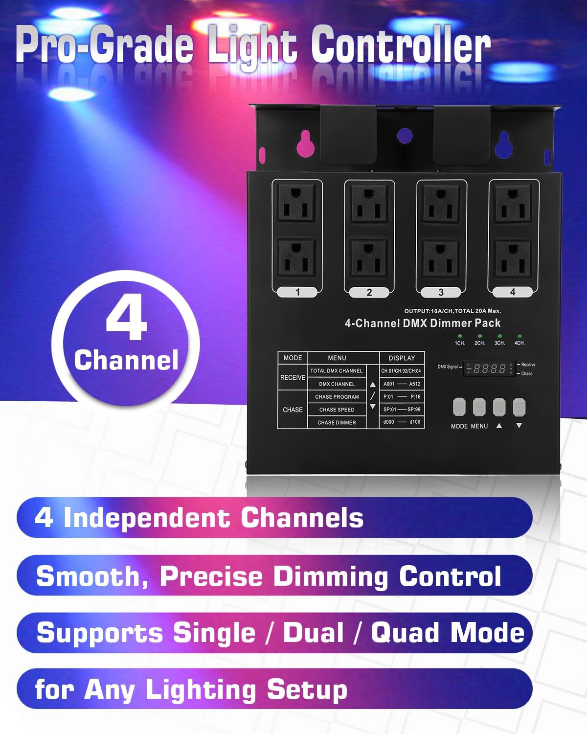 Dmx Dimmer Pack,4 Channel Dmx512 Dimmer Pack， Lighting Controller, Dimmer Pack Suitable for Stage Lighting Control
