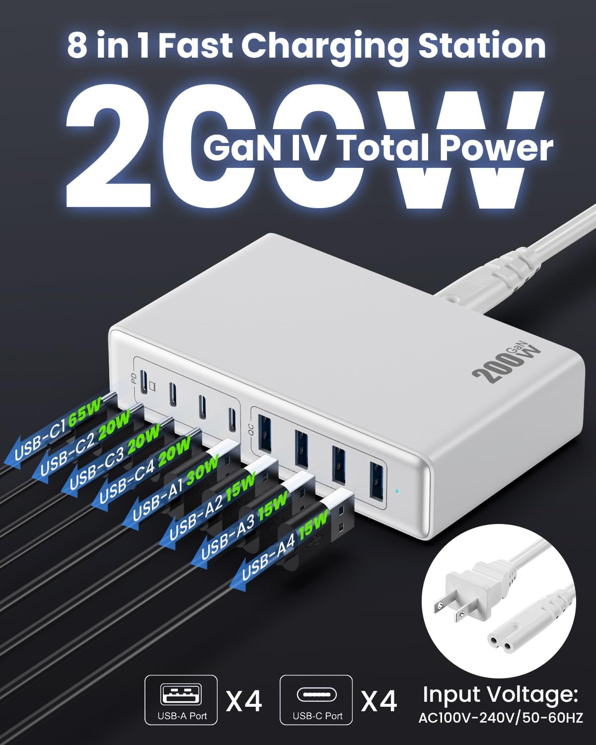 200W USB C Charger Block,GaN IV Charging Station 8 Ports,QC4.0 Fast Charging Station Hub+PD 65W USB C Laptop Charger Adapter Compatible with MacBook Air/Pro,DELL,iPhone 17/16/15,iPad,Steam Deck-White