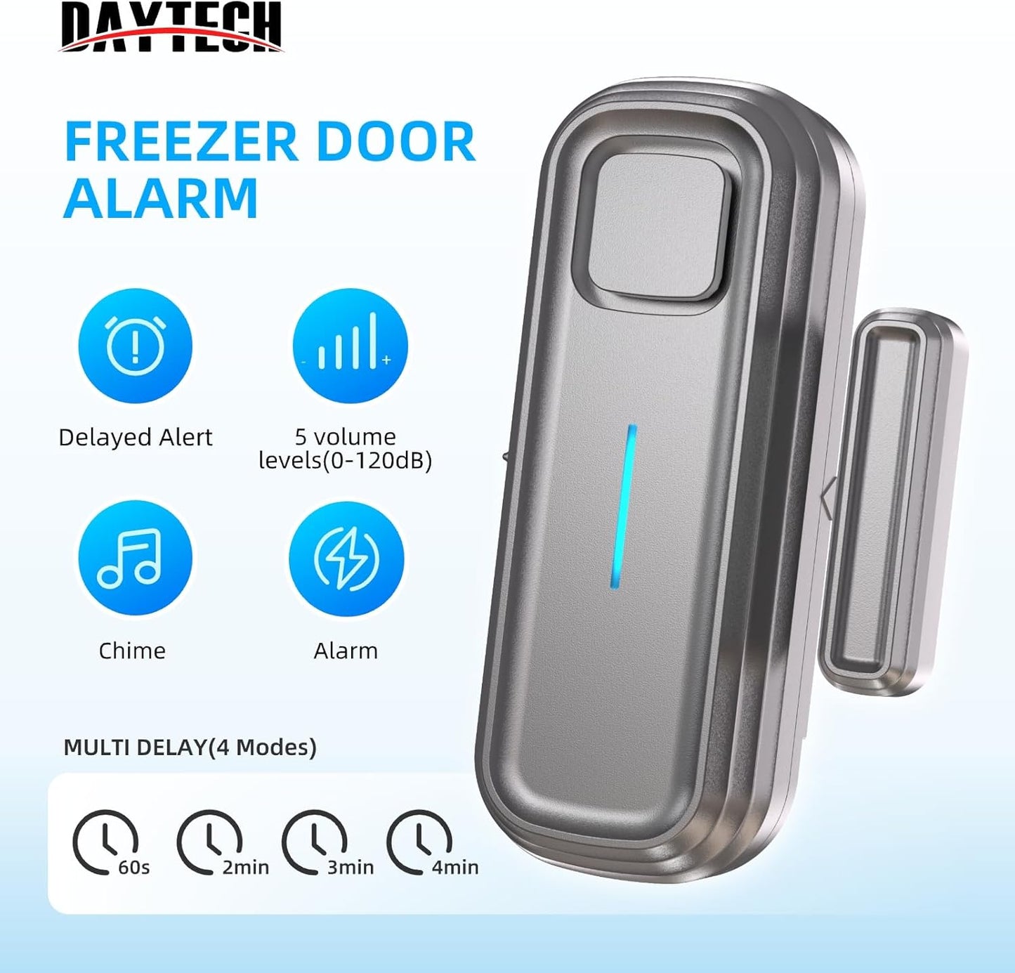 Daytech Refrigerator & Freezer Door Alarm - Adjustable 1-4 Minute Delay, 0-120dB Adjustable Siren, Door/Window Sensor for Home or Business (2 Pack, Grey)