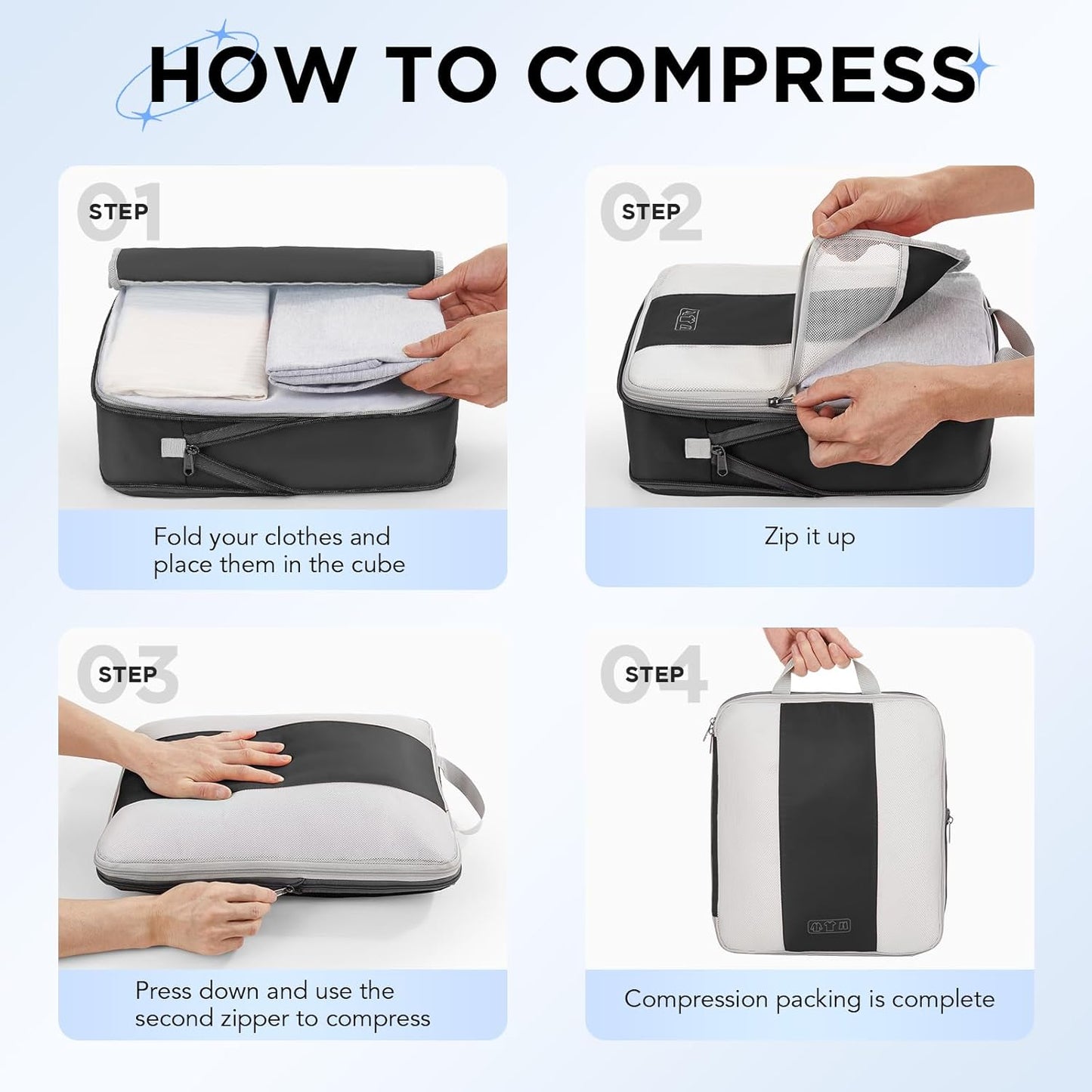 8 Set Compression Packing Cubes for Travel Essentials,Compressible Expandable Packing Cubes for Suitcase,OlarHike Luggage Organizer Bags for Travel,Handy Helper for Organizing Clothes(Black)