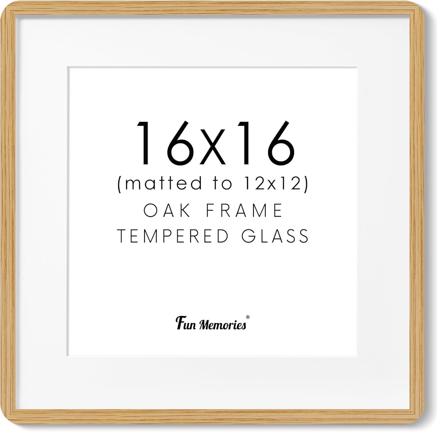 16x16 Picture Frame, Square 16 by 16 Frames for Wall - Solid Oak Wood & Tempered Glass, 16 x 16 Wood Frame Matted to 12 x 12, Square Picture Frame 16"x16" for Home Decor, Natural Oak Color, 1 Pack
