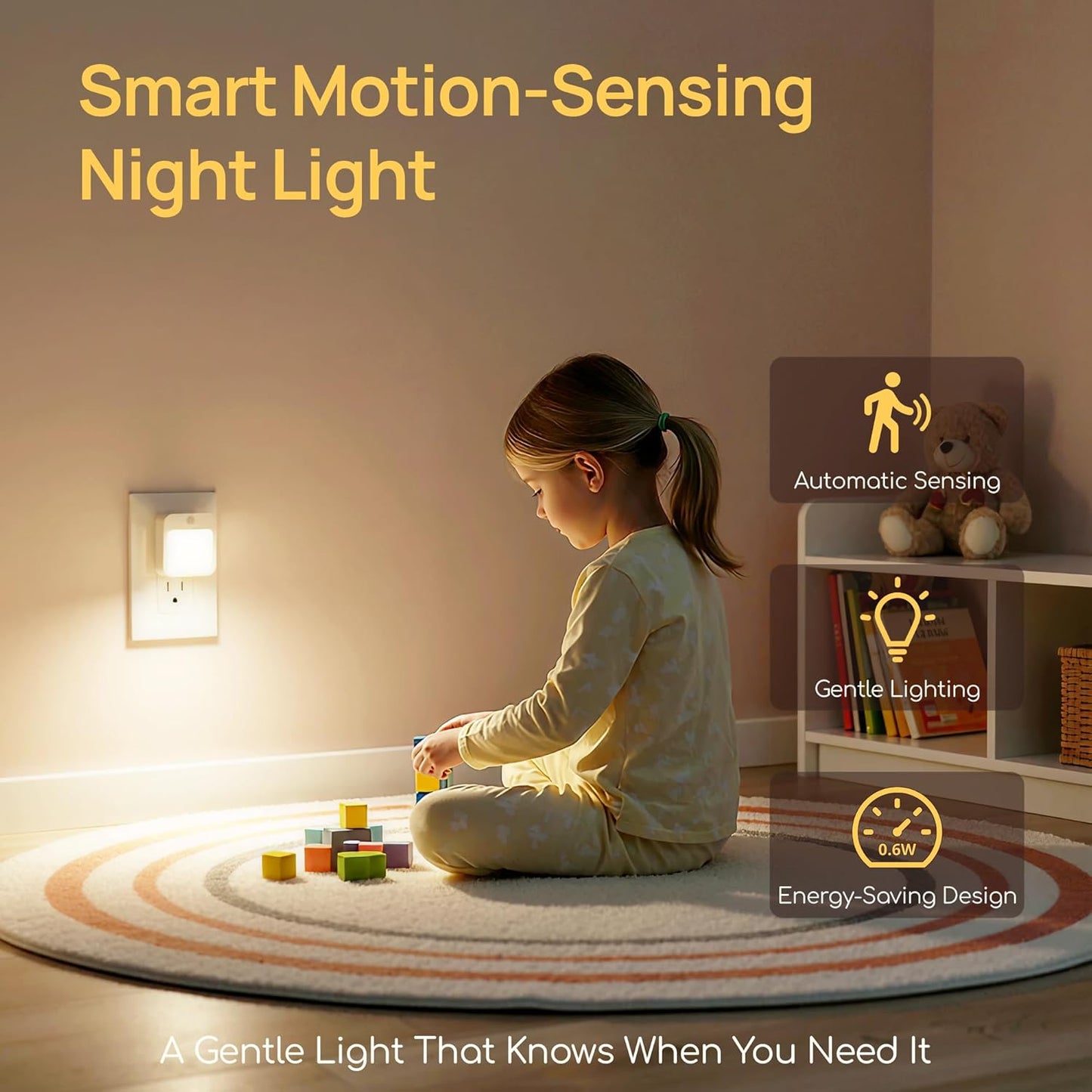 Plug-in Night Light with Motion Sensor, Dusk-to-Dawn Light Sensor, Stepless Dimming LED Night Lights for Bedroom, Hallway, Bathroom, Kids Room, Energy Efficient, 2-Pack