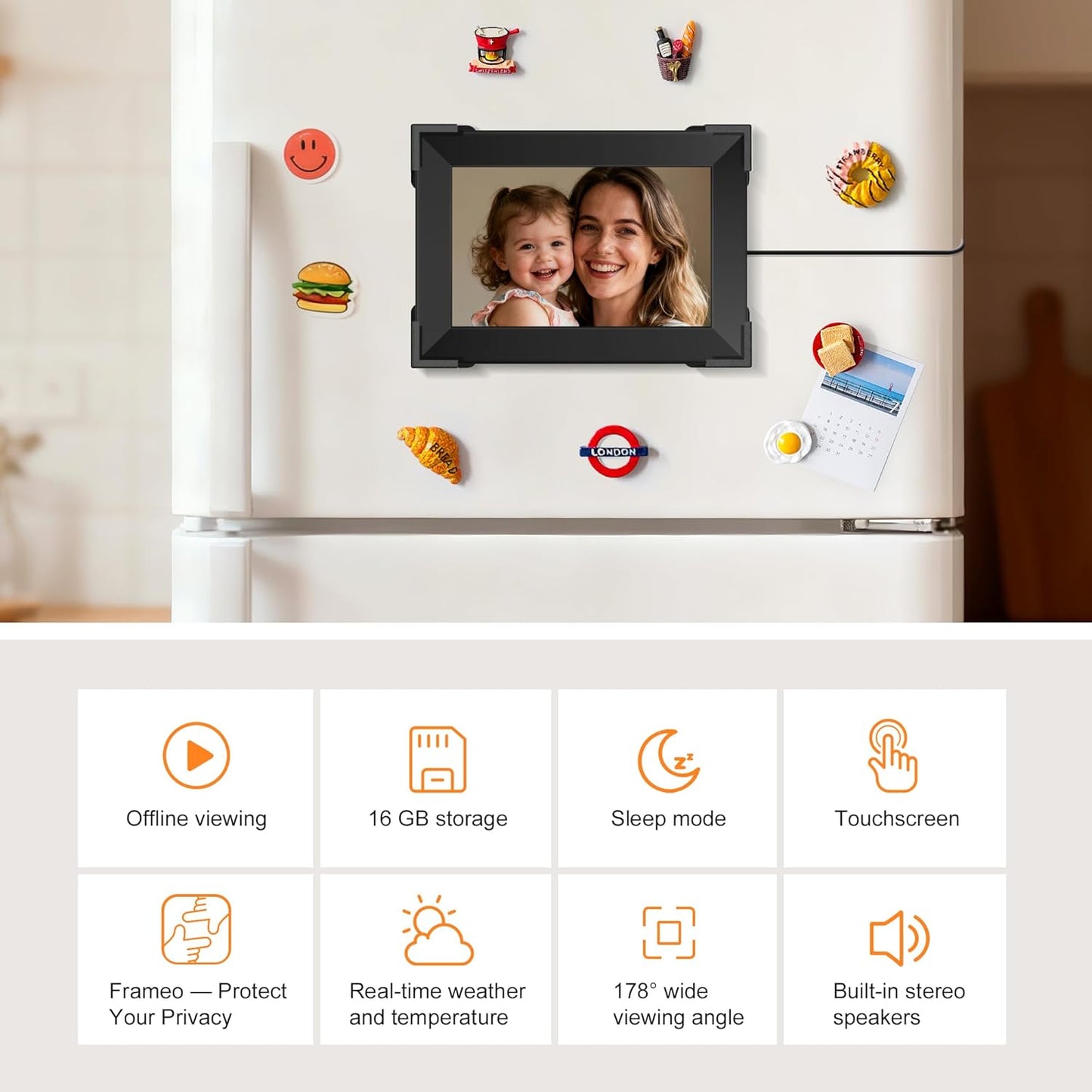 KPCB Tech Magnetic Picture Frames for Refrigerator, 8 inch Digital Photo Frames Smart WiFi & App Control, Electronic Picture Frame with 1280x800 HD Touch Screen for Parents, Grandparents, Friends