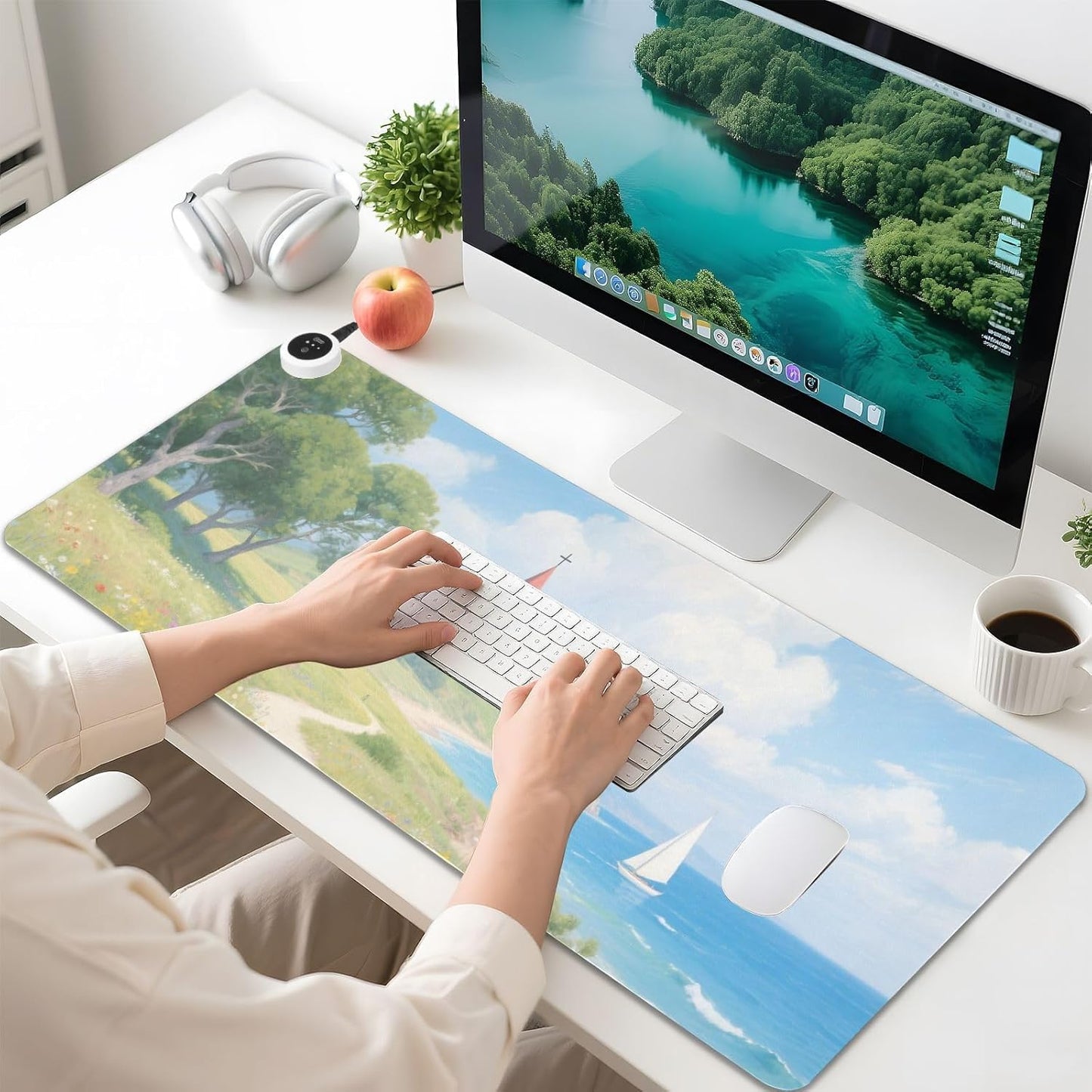 Large Heated Mouse Pad,Leather Desk Mat,31.5"x13", Hand Warmer Pads for Desk,Sea Flowers(Sky Blue)