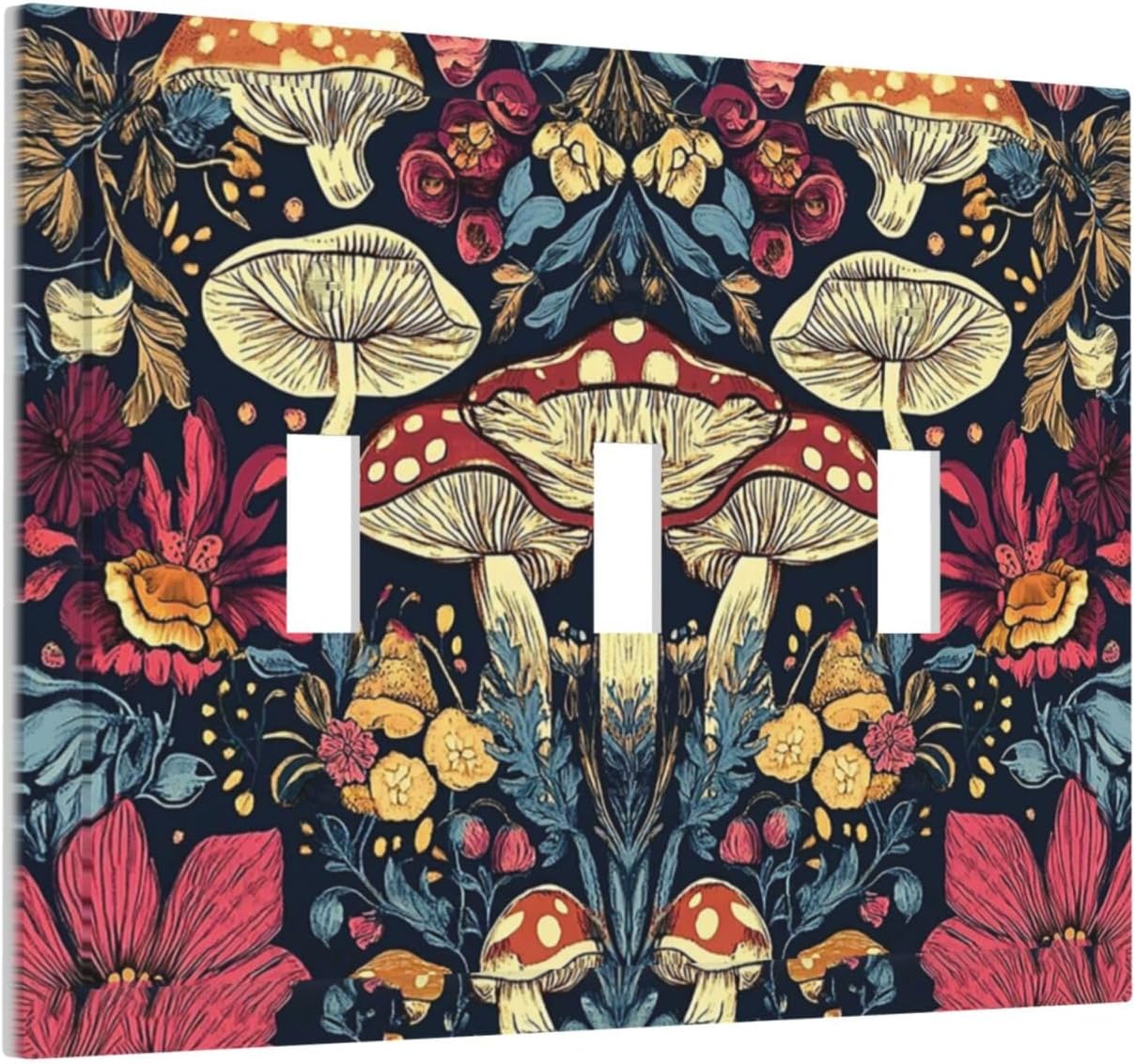 Decorative Light Switch Cover Plate Coloful Red Yellow Orange Magical Mushroom Forest 3 Gang Wall Plate Triple Toggle Switch Plate Covers Electrical Outlet Cover for Bedroom Home Decor