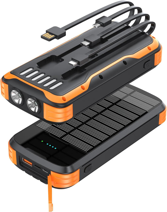 Solar Power Bank 40000mAh, Portable Charger PD 20W Fast Charging Solar Charger Power Bank Built in 4 Cables and USB-C in/Output, Camping Essentials External Battery Pack with Flashlights