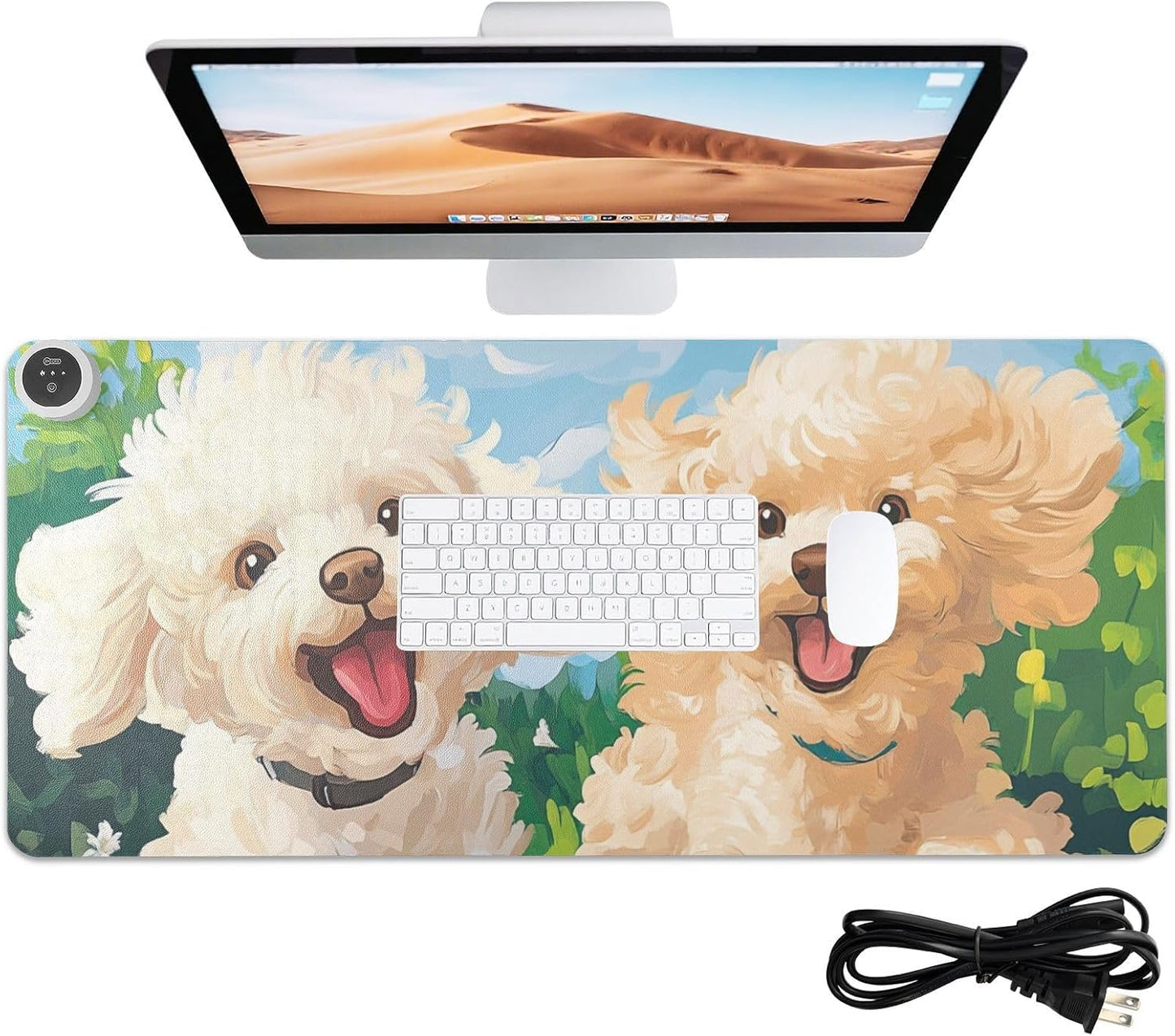 Heated Desk Pad Mouse Pad 31.5x13 Inch PU Leather Desk Mat with 3 Heat Levels Large Mouse Gaming Computer Laptop Mat Spring Running Poodle Dogs