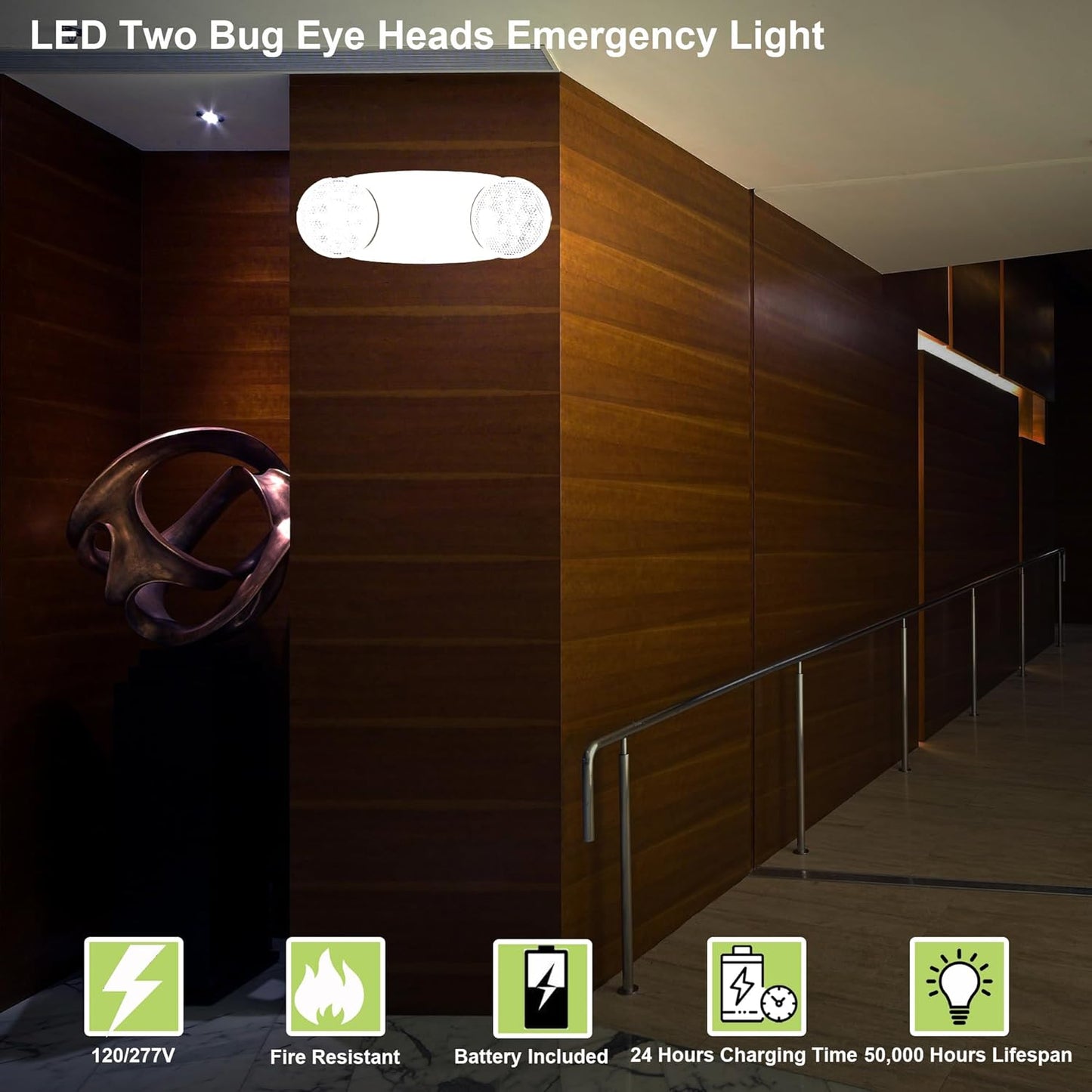 GRUENLICH LED Emergency Light, Exit Lighting Fixtures with 2 LED Bug Eye Heads and Back Up Batteries, UL 924 Qualified, 120/277 Voltage, 2-Pack