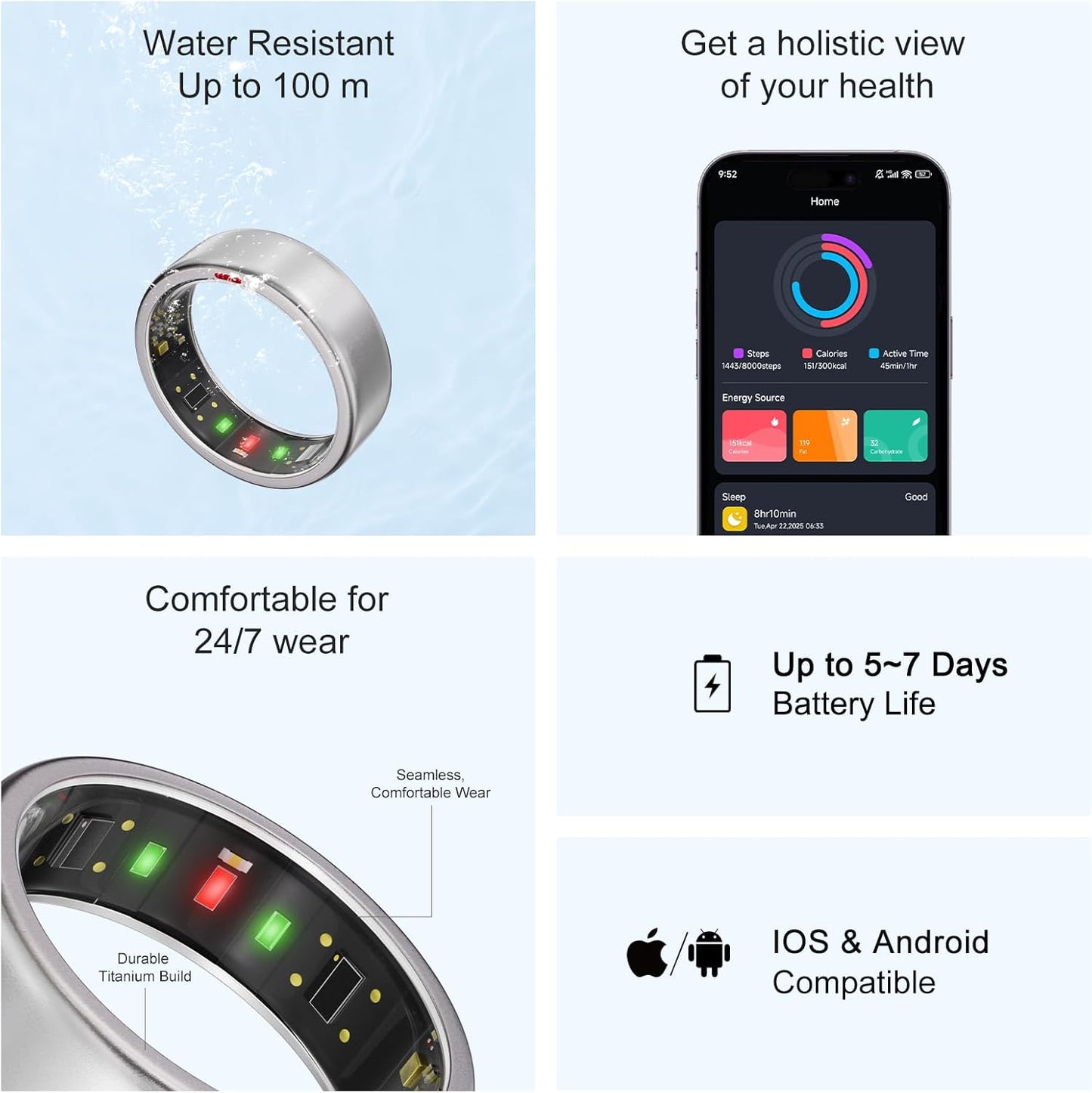 Ring OnePlus - Ultra-Thin Titanium Smart Ring - 7 Days Battery Life - Fitness/SPO₂/Stress/HR/Sleep Skin Temperature Tracker - No App Fee - iOS&Android Compatible (Silver,Size 8)