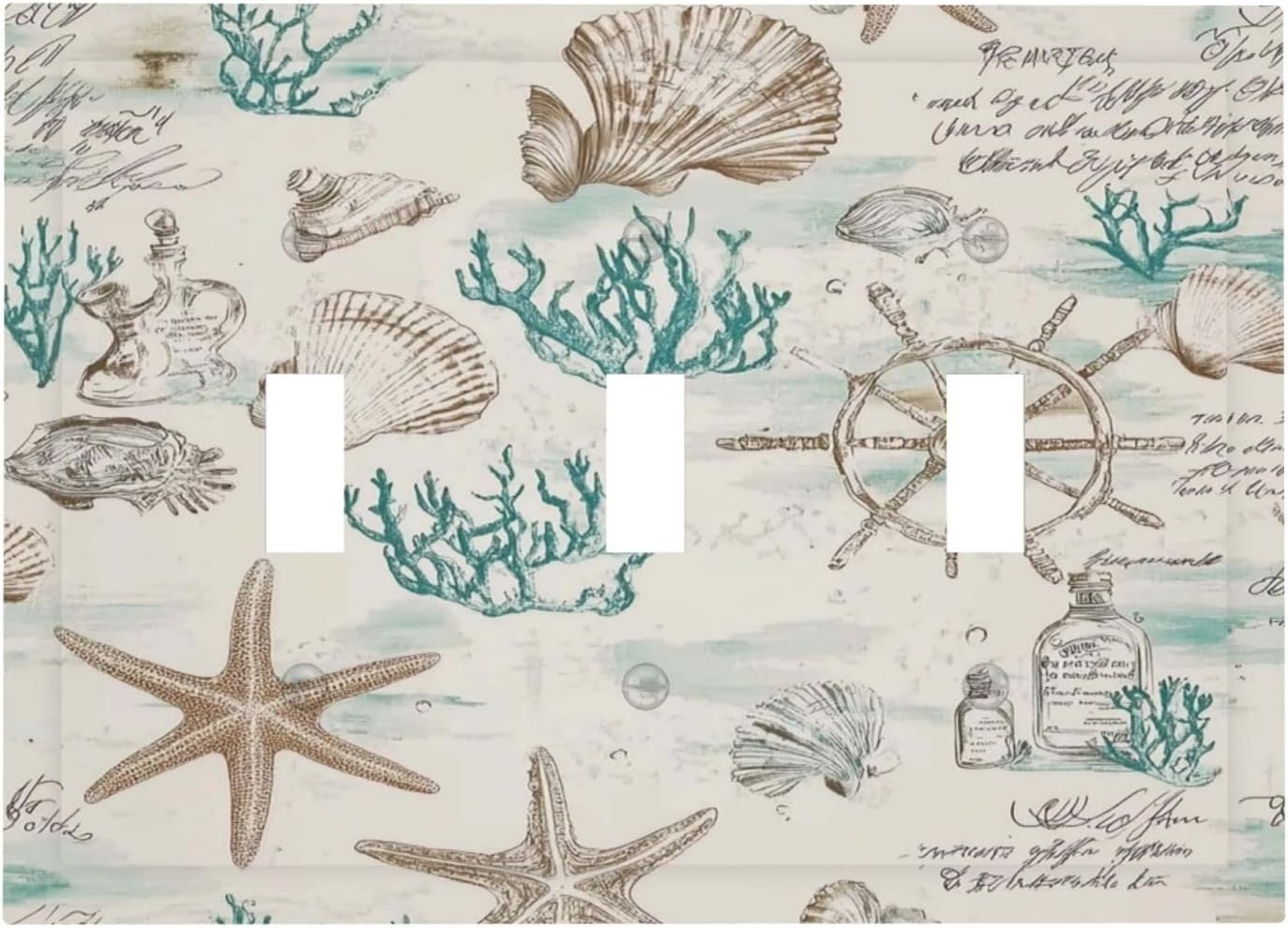 Mid Century Seashells Starfish Compass Decorative Switch Plates 3 Gang Wall Plate Triple Toggle Light Switch Cover Faceplate Electrical Wall Panels For Nursery Kids Room Decor