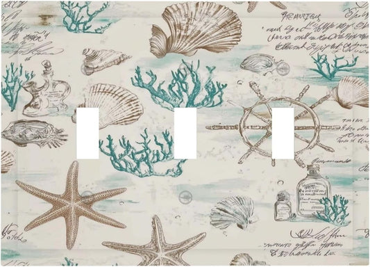 Mid Century Seashells Starfish Compass Decorative Switch Plates 3 Gang Wall Plate Triple Toggle Light Switch Cover Faceplate Electrical Wall Panels For Nursery Kids Room Decor