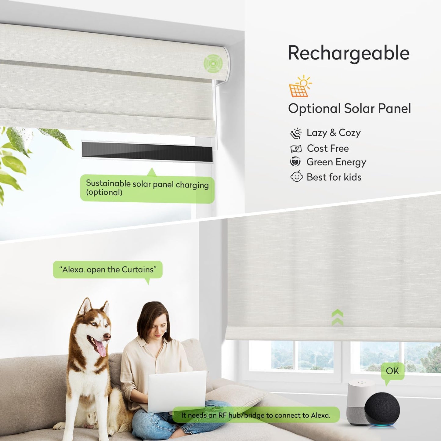 ZSTARR Motorized Light Filtering Roller Blinds with Remote Control,Rechargeable Smart Window Shades Compatible with Alexa Google via Hub,Fabric Wrapped Valance, Custom Size (Light Beige)