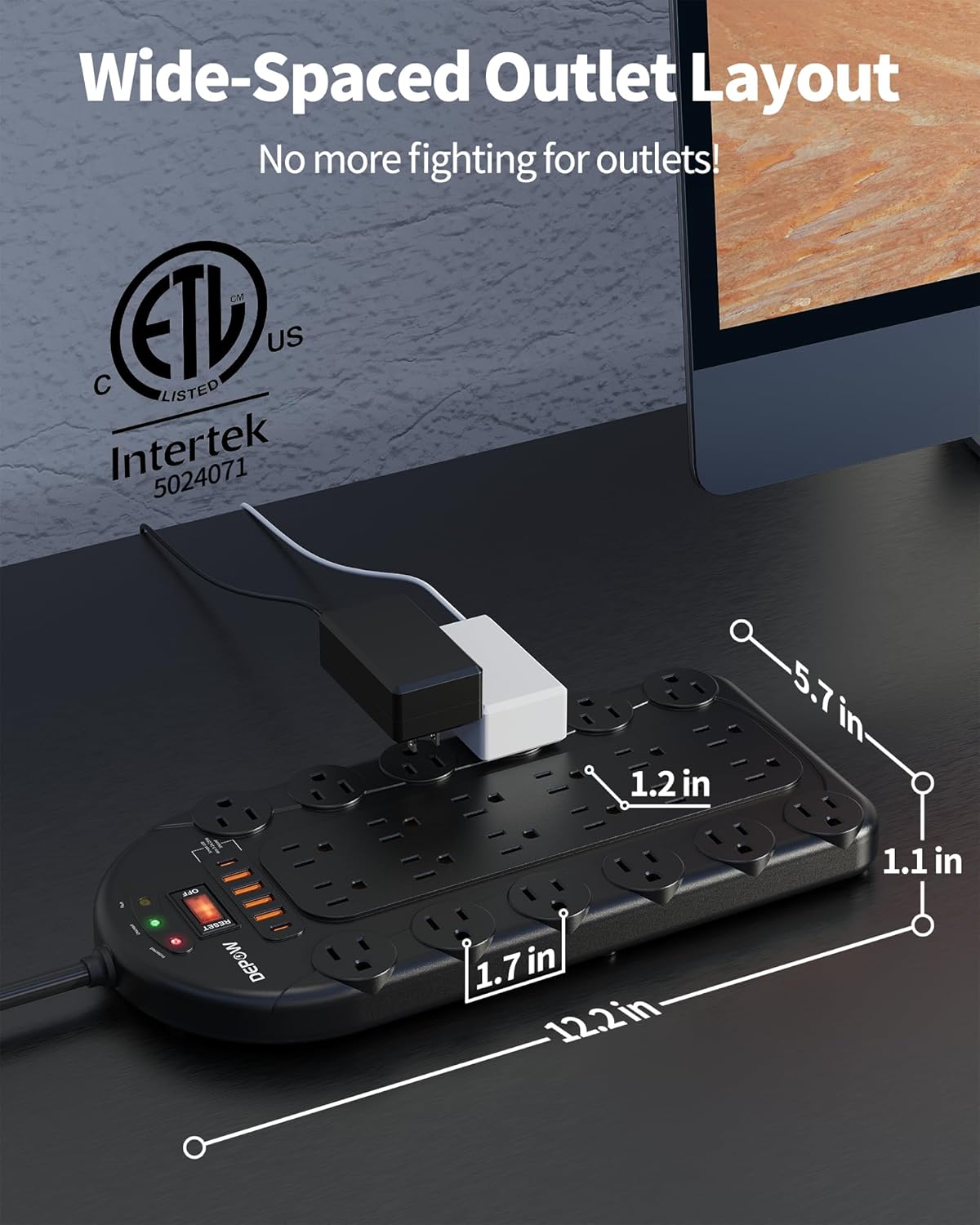 15Ft Power Strip Surge Protector (3,400 Joules), DEPOW 24 AC Multiple Outlets (1875W/15A) with 6 USBs (2 USB-C Ports), ETL Listed, Flat Plug Heavy Duty Long Extension Cord for Home, Office, Black