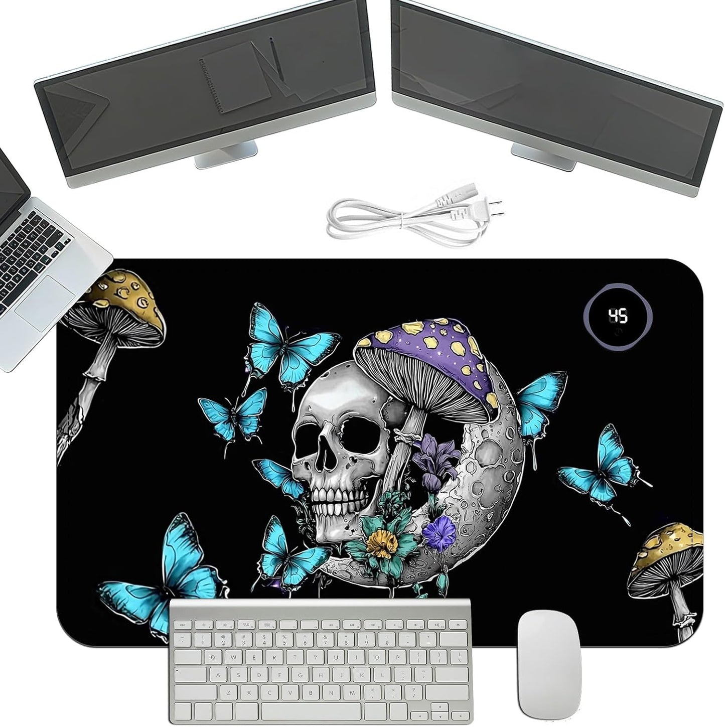 Heated Mouse Pad with 3 Temperature Settings(104°F–122°F),Large 24x14.2 Inch PU Leather Heated Desk Mat,Waterproof Warming Pad for Office,Gaming & Cold Hands Relief,Skeleton Moon Mushroom
