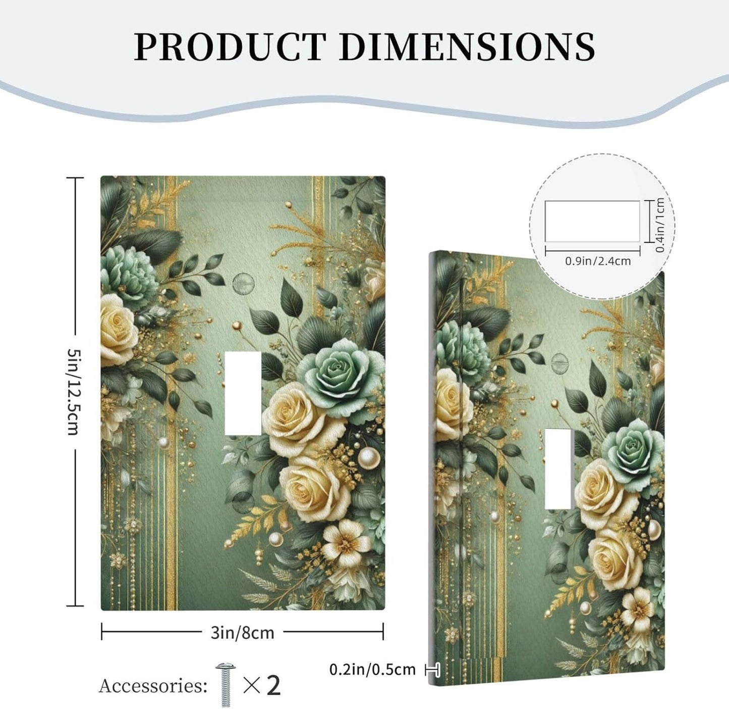 Decorative Light Switch Cover Plate Rustic Green Floral Leaves Teal Flowers Gold Stripe 1 Gang Wall Plate Oversized Single Toggle Wall Cover Plate Jumbo Switchplate Faceplate