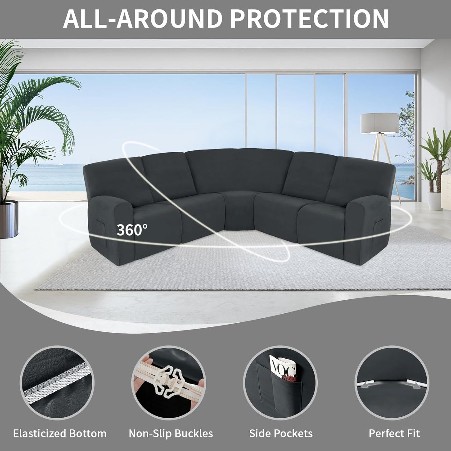 Easy-Going 100% Waterproof Recliner Cover, Stretch Couch Covers for Reclining Couches, Extra Large Sectional Sofa Slipcover, L-Shape Furniture Protector for Kids & Pets, 5 Seater, Dark Gray