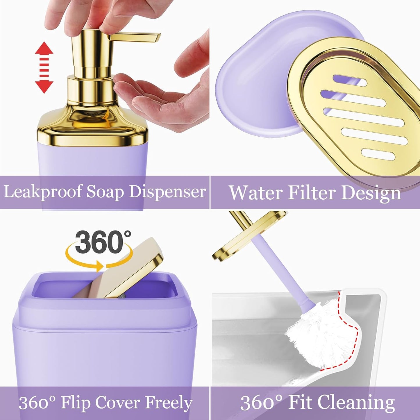 Bathroom Set - Purple and Gold Bathroom Accessories, Bathroom Sets with Shower Curtain and Rugs, Purple Shower Curtain Set with Bathroom Trash Can, Soap Dispenser, Soap Dish for Home Decor