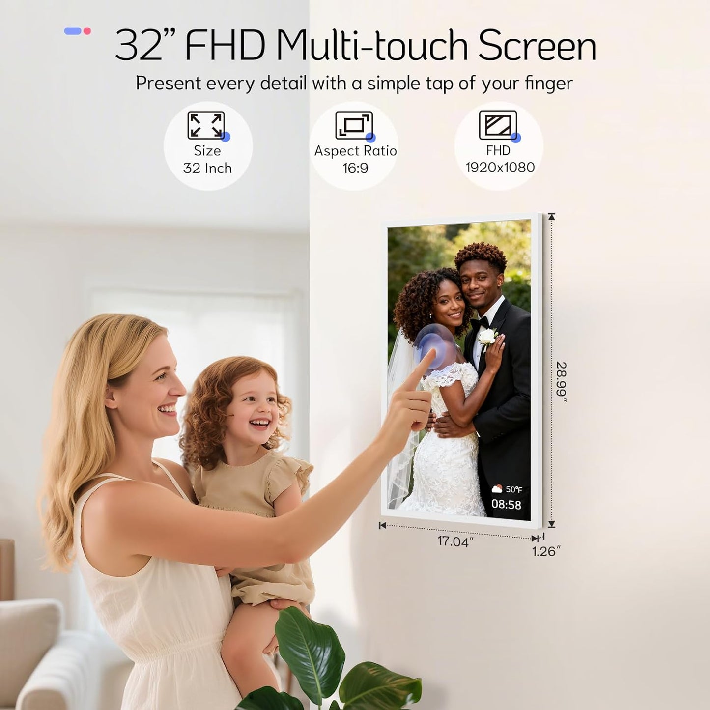 NexFoto 32 Inch Touchscreen Large Digital Picture Frame, 64GB WiFi Electronic Photo Frame, Add Photos from Google Photos, Easy to Share Videos, Gifts for Christmas/Mom/Grandparents, White