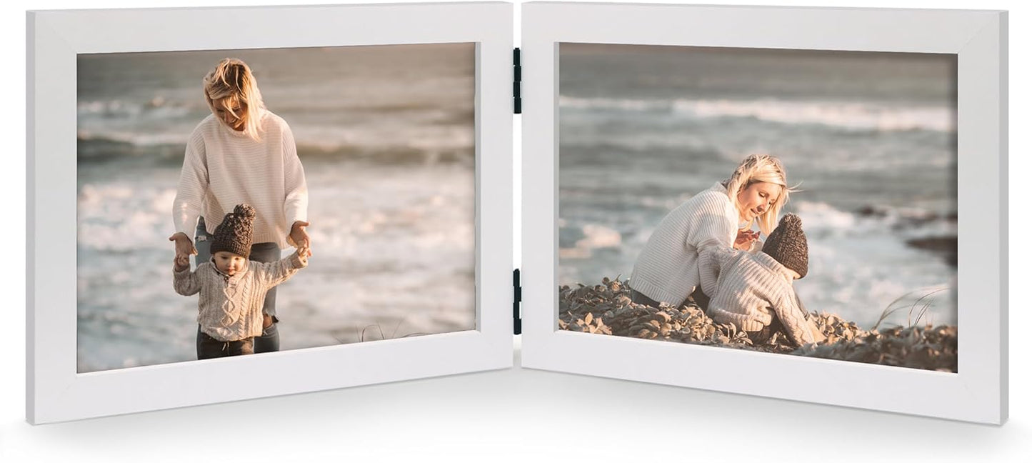 Double 4x6 Horizontal Combo, White Wood Picture Frame, 3.5x5.5 Opening Foldable Landscape View Photo Frame on Table-top or Wall