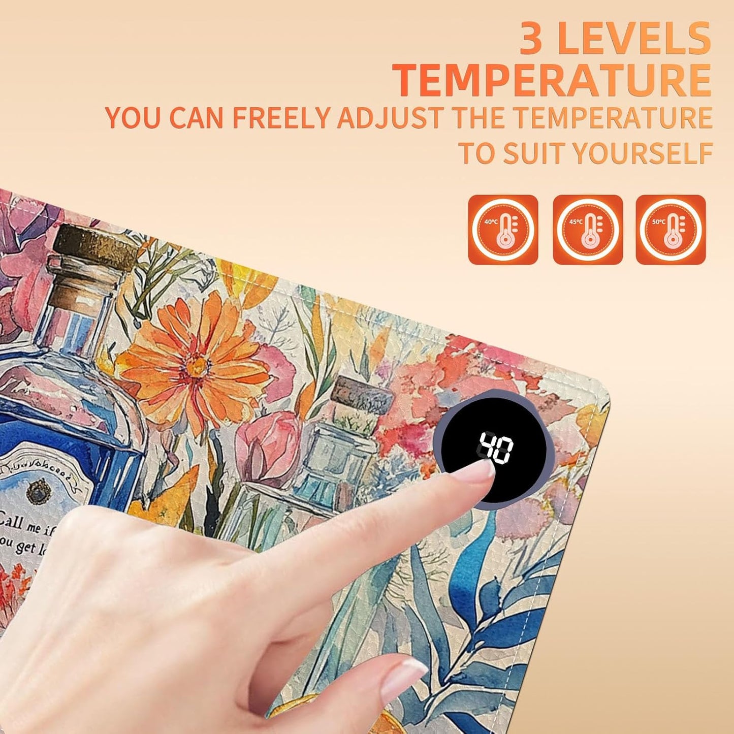 Heated Mouse Pad 23.6 x 14 in 3-Temp Fast Heating Desk Mat with Auto Timer Warmer for Hands Wrist Pain Relief Waterproof Keyboard Mat for Office, Gaming, Home, Floral Kitchen