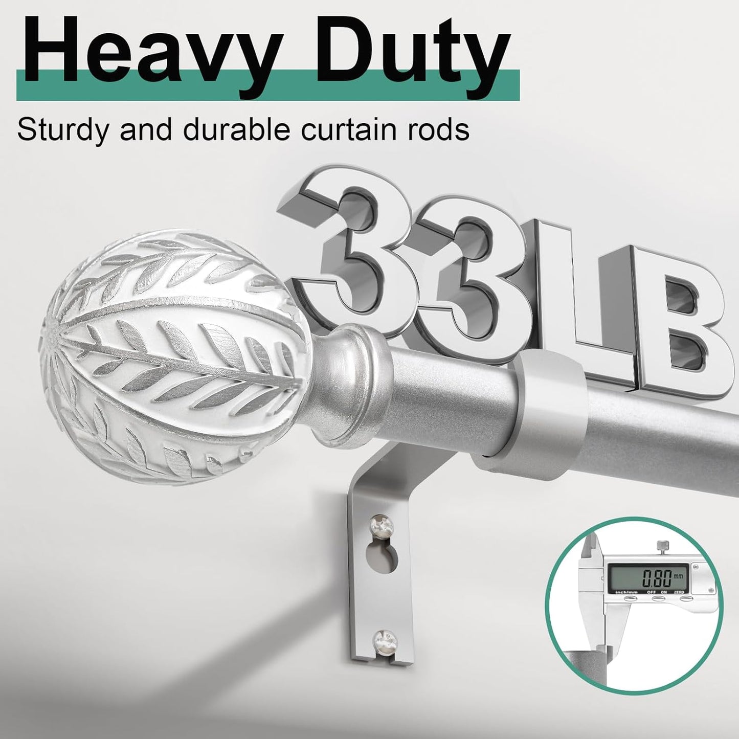 2 Pack Silver Curtain Rods for Windows 28 to 48 inch,1" Adjustable Heavy Duty Window Curtain Rod with Leaf Finials,Rustic Decorative Drapery Rods Set,Size:18-60''
