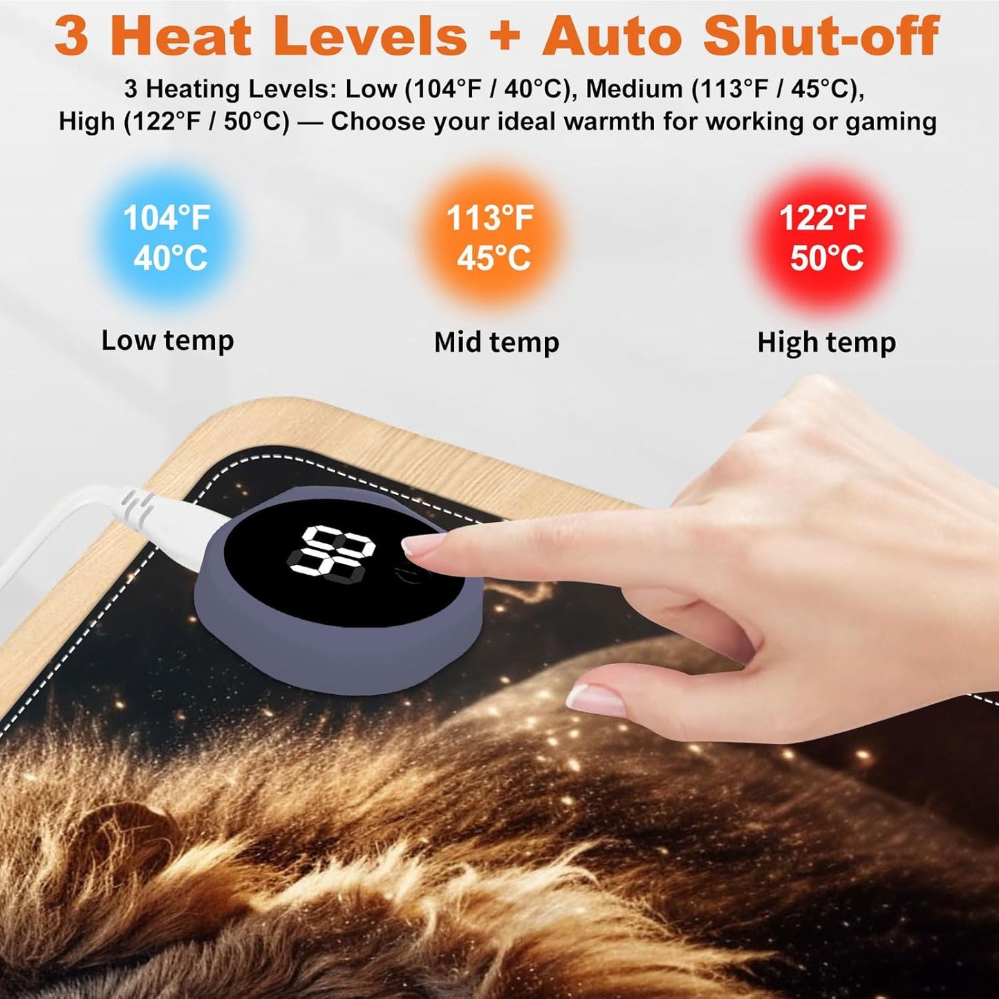 Small Heated Desk Pad 23.6" x 14.2" – Compact Electric Mouse Pad with 3 Heating Levels, Auto Shut-Off, Waterproof PU Surface, Plug-in Warmer for Office or Home Use, Roaring Lion