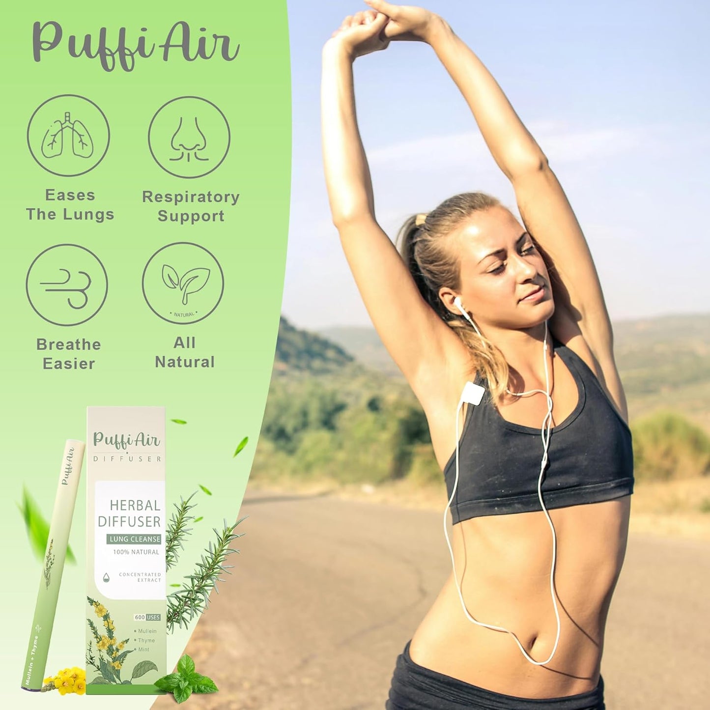 PUFFIAIR Focus Energy Duo Herbal Diffuser Pen Set | Mullein and Caffeine Inspired Blends | Green Orange | 2 Count