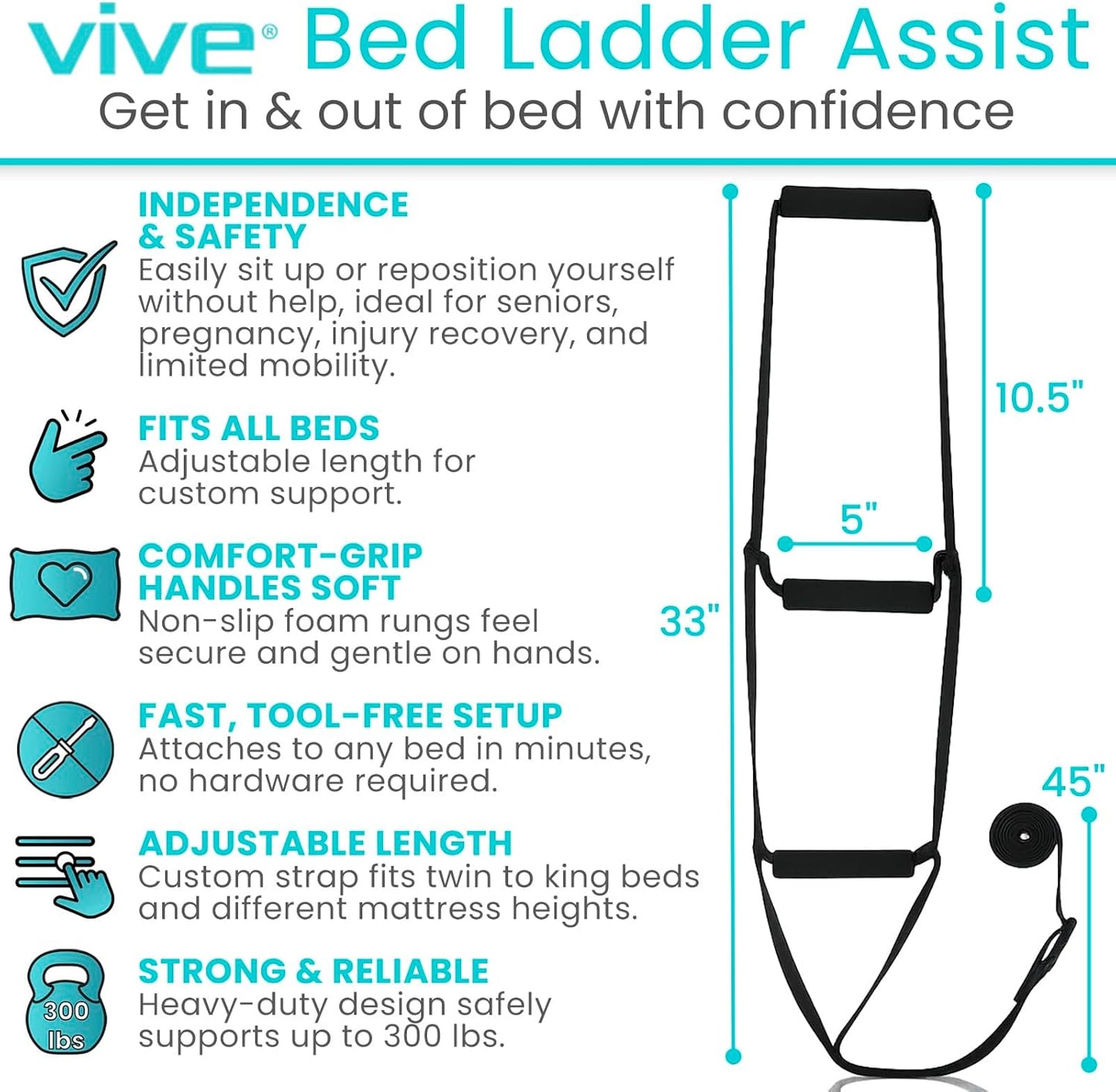 Vive Bed Ladder Assist - Pull Up Assist Device with Handle Strap - Rope Ladder Caddie Helper - Sitting, Sit Up Hoist for Elderly, Senior, Injury Recovery Patient, Pregnant, Handicap - Padded Hand Grip