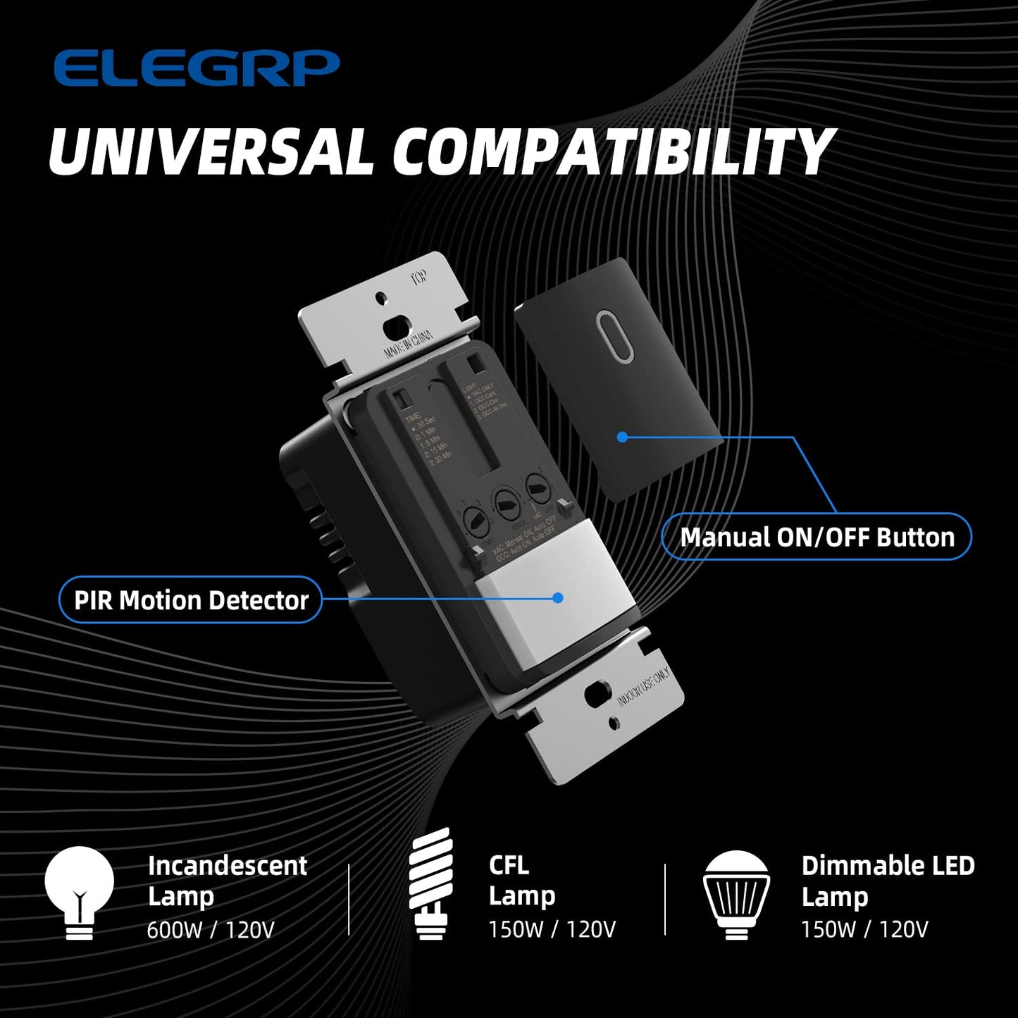 ELEGRP Occupancy Motion Sensor Light Switch, PIR Infrared Motion Activated Wall Switch, No Neutral Wire, Single Pole for CFL/LED/Incandescent Bulb, with Wall Plate, UL Listed (10 Pack, Matte Black)