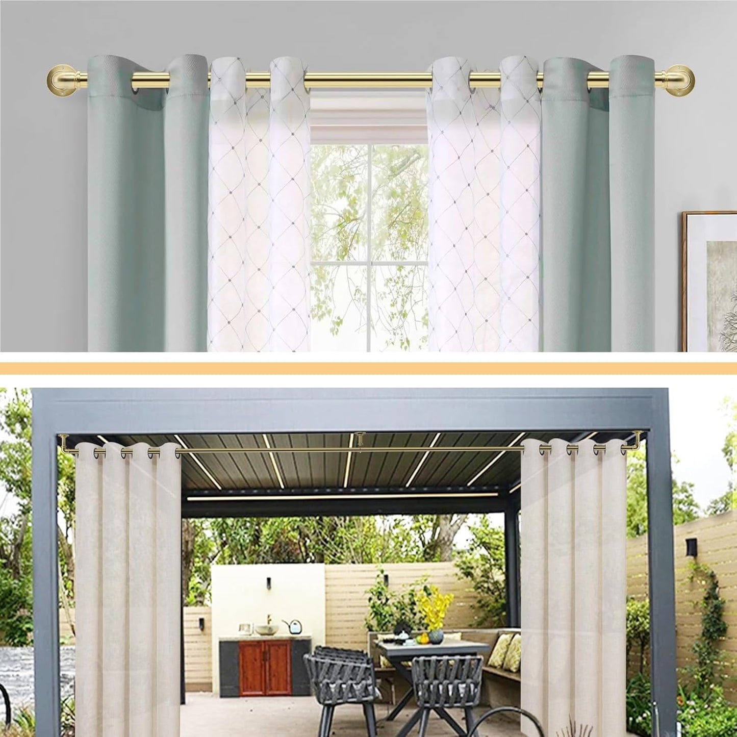 Brushed Gold Curtain Rods 18 to 120 in,Wraparound Curtain Rods,Adjustable Length,1 in Diameter Pipe,Wall or Ceiling Mounted,for Bedroom and Living Room (Brushed Gold 18” to 120”)