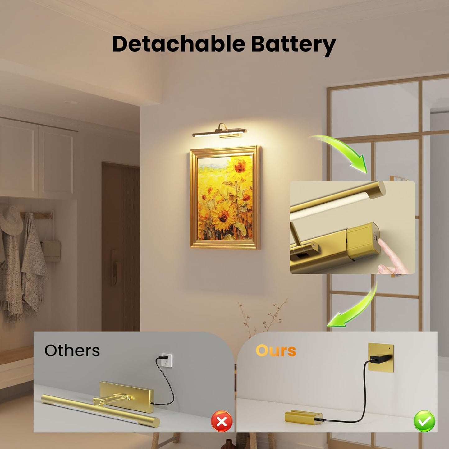 16" Light for Wall Picture with 6000mAh Battery - Brass Operated Wireless Wall Art Light with Remote Control for Artwork, Mirror & Portrait