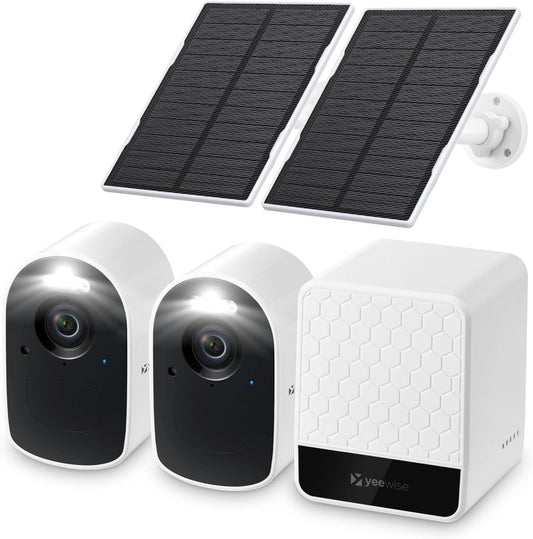 yeewise WiFi6 Solar Security Cameras Wireless Outdoor, 2K QHD Home Security System, 2-Cam Kit, 2.4&5GHz WiFi, Color Night Vision, Local Storage, IP66 Weatherproof, Works with Alexa, No Monthly Fees