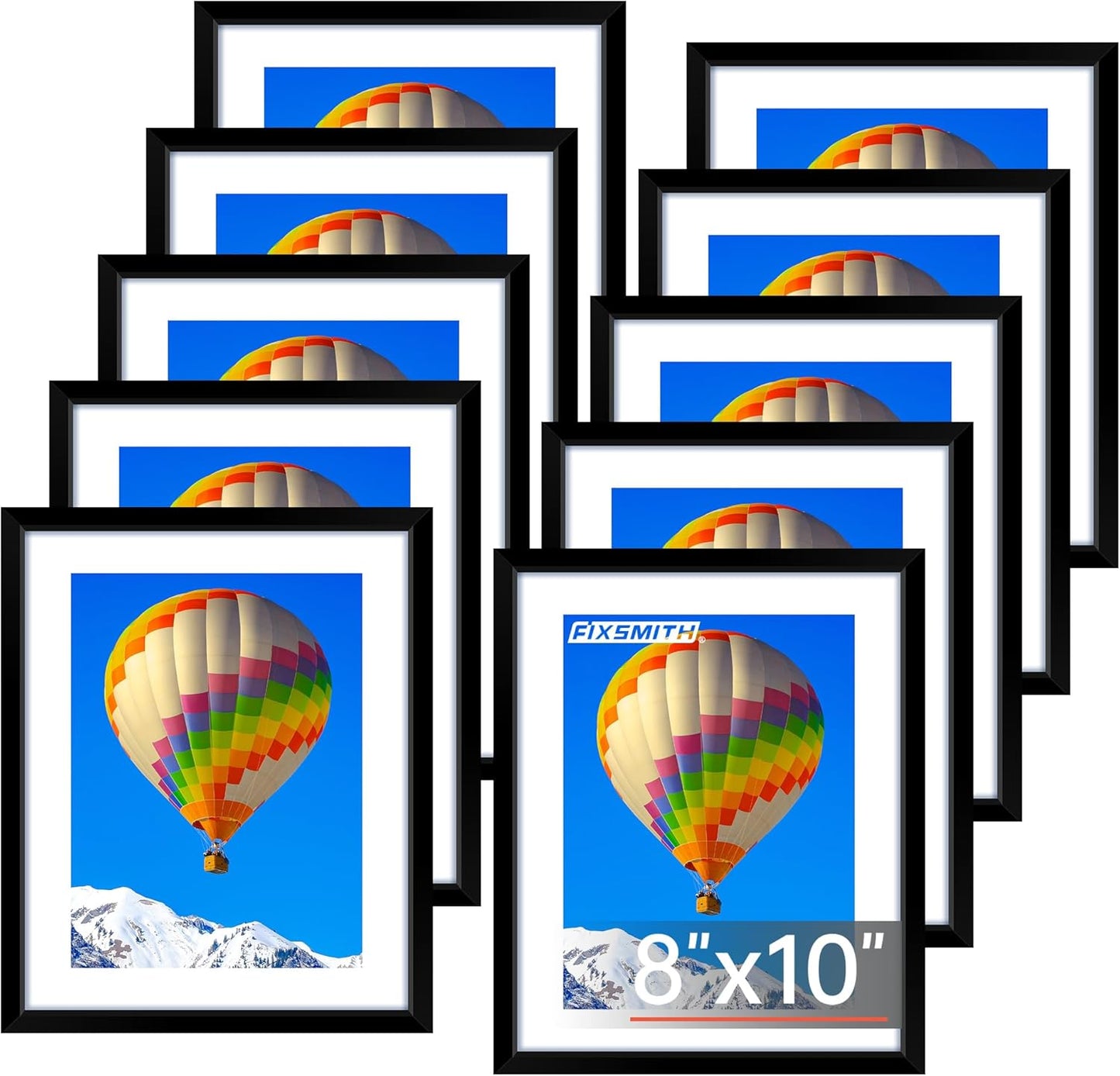 FIXSMITH 8x10 Picture Frame Set of 10, Black Photo Frames Bulk with HD Plexiglass, Display Pictures 5x7 with Mat or 8x10 Without Mat, Multi Picture Frames Collage for Tabletop or Wall Display