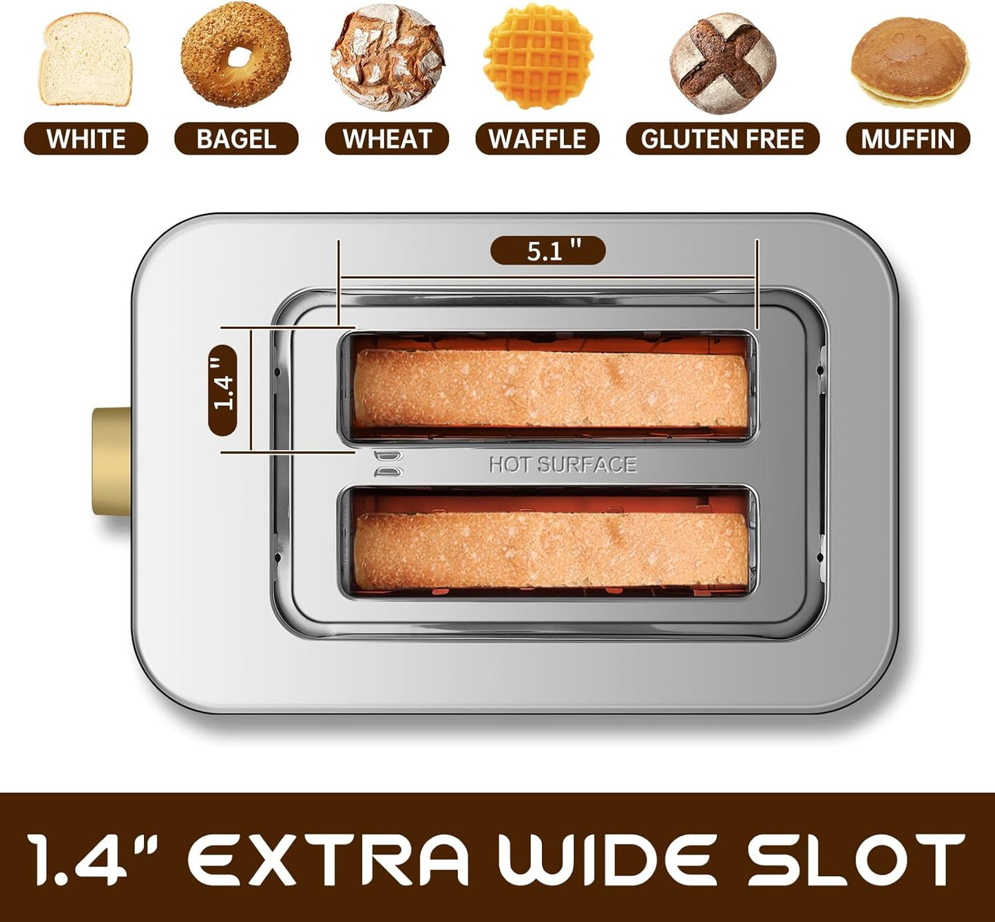 SEEDEEM Toaster 2 Slice, Touch Control Screen, Smart Stainless Toaster, 6 Shade Setting, 6 Bread Selection, Countdown, Removable Crumb Tray, 900W, Silver Metallic