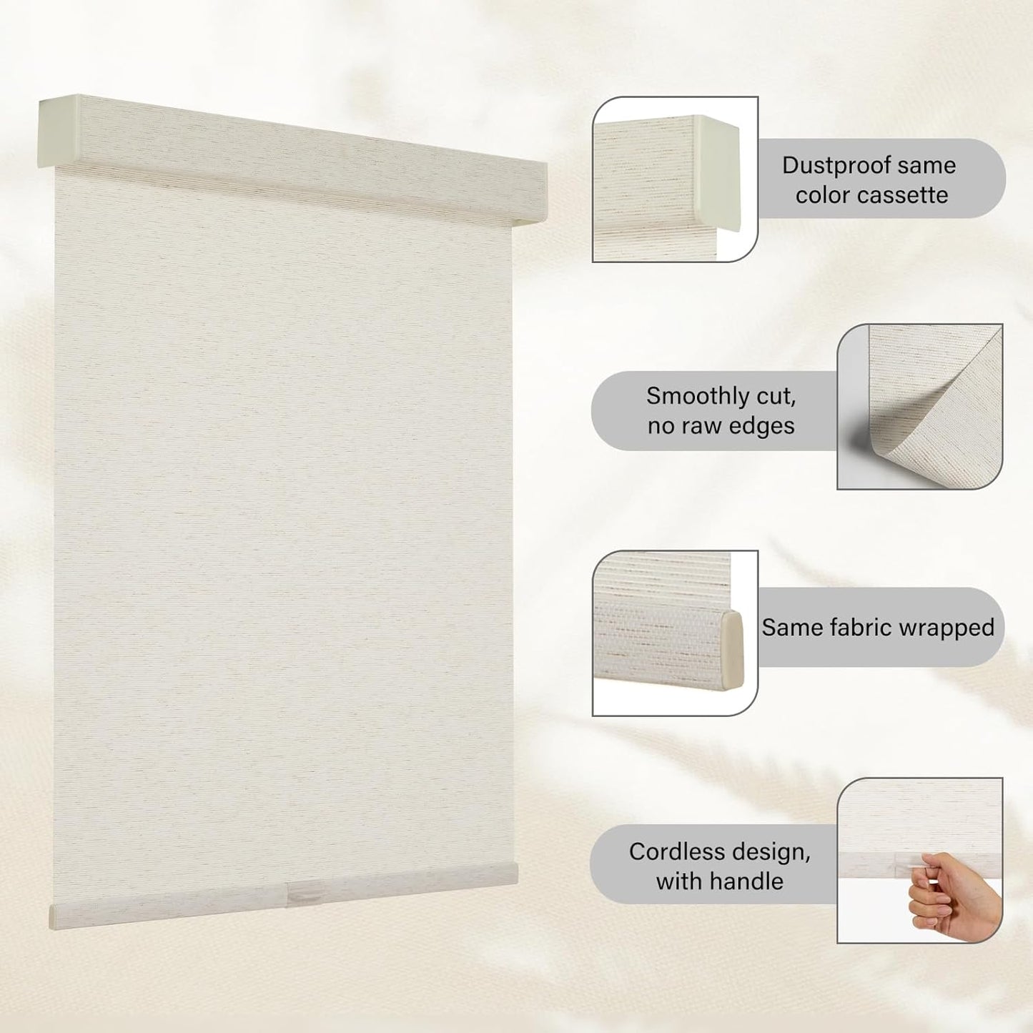 Persilux Custom Size Light Filtering Cordless Roller Blinds Natural Woven Stripes Fabric Thermal Insulation Privacy Roller Shades for Home,Office,Bedroom,Cream Color