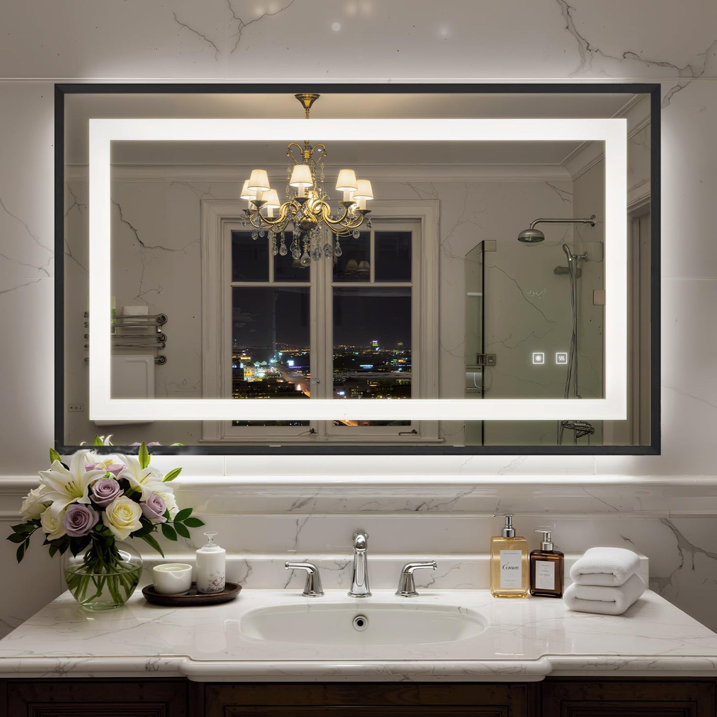 40X24 Inch LED Bathroom Mirror with Lights, Black Frame Frontlit+ Backlit Bathroom Vanity Mirror for Wall, Ultra-Clear Tempered Glass, Shatter-Proof, Anti-Fog and Memory Function, ETL Listed