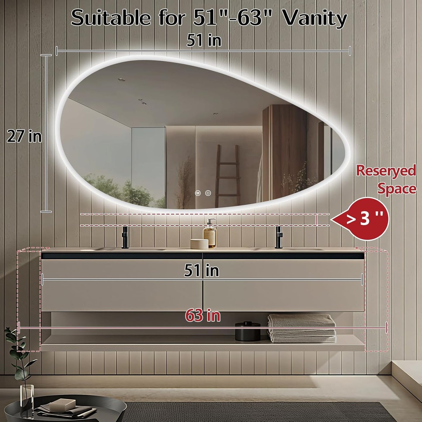 Niccy Irregular LED Bathroom Mirror with Lights, 27x51 Asymmetrical Backlit-Mirror for Wall Mounted, Bathroom Vanity Mirrors with Memory, Dimmable, 3 Colors, Anti-Fog, IP65 Waterproof