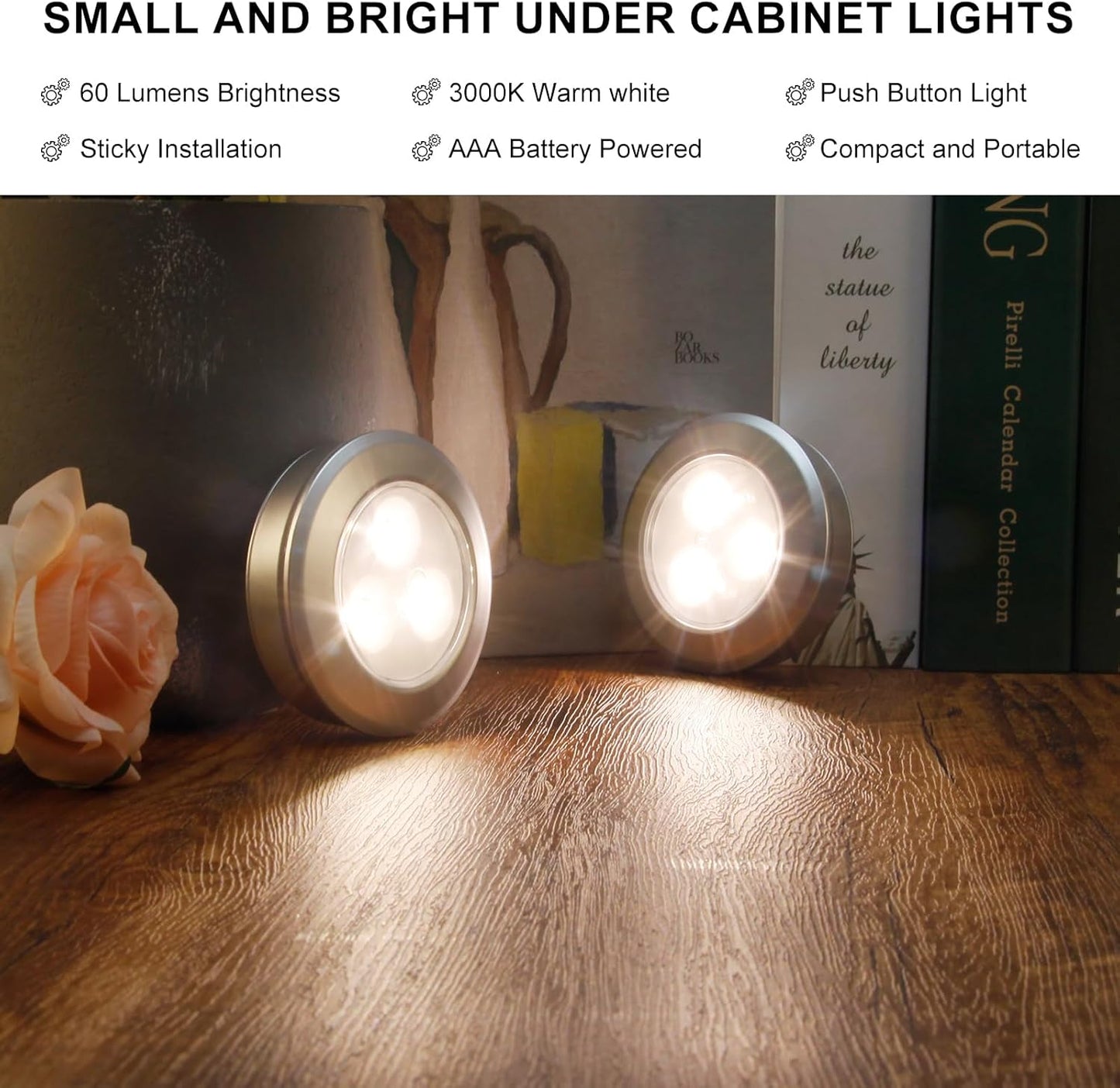 LUXSWAY Puck Light, LED Tap Light Push Lights, Battery Operated Stick On Night Light, Portable Under Cabinet Lights and Counter Lighting for Kitchen Sink, Shelf, 3-Pack, Silver