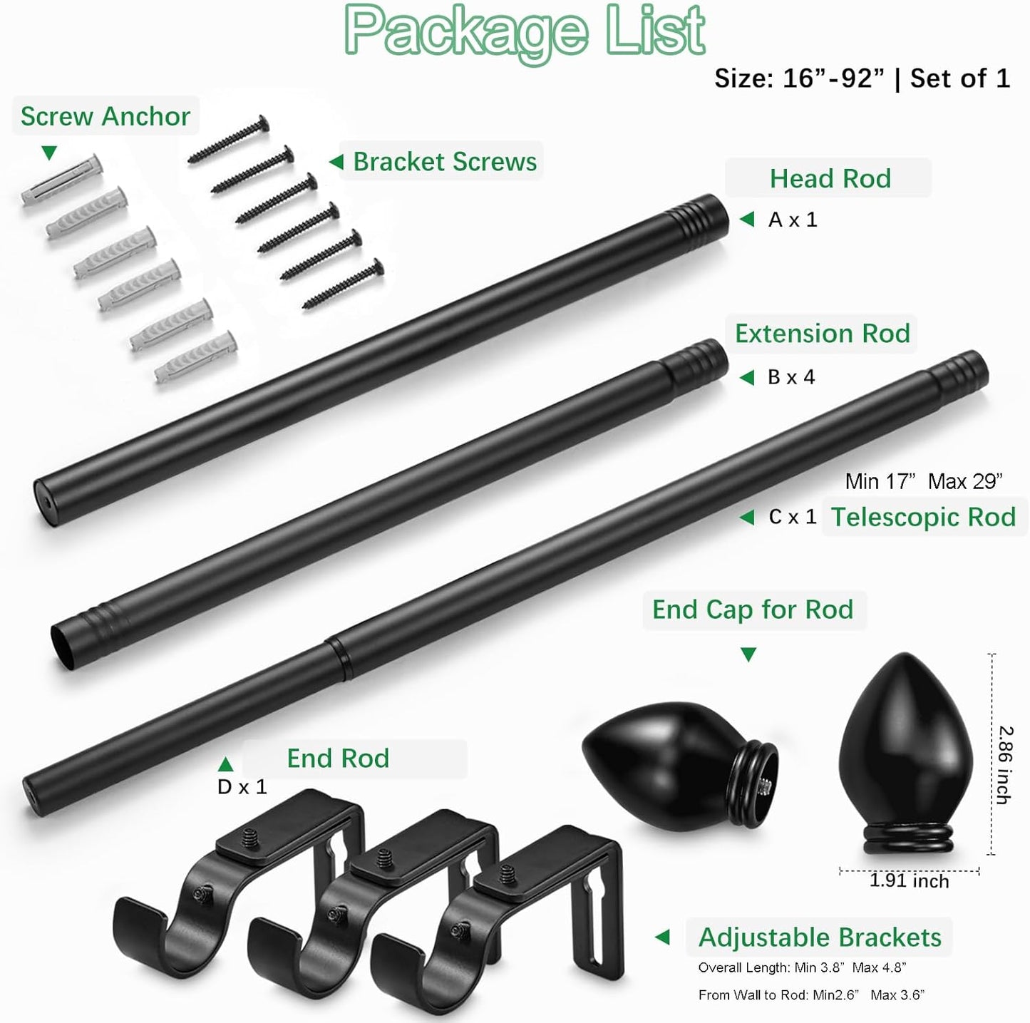 Curtain Rods for Windows 16 to 92 inches, Curtain Rod Max Adjustable Length to 104 in, Drapery Rod 1 inch Diameter with Modern Knobs Finials (Black, 16" to 92" - Set of 1)