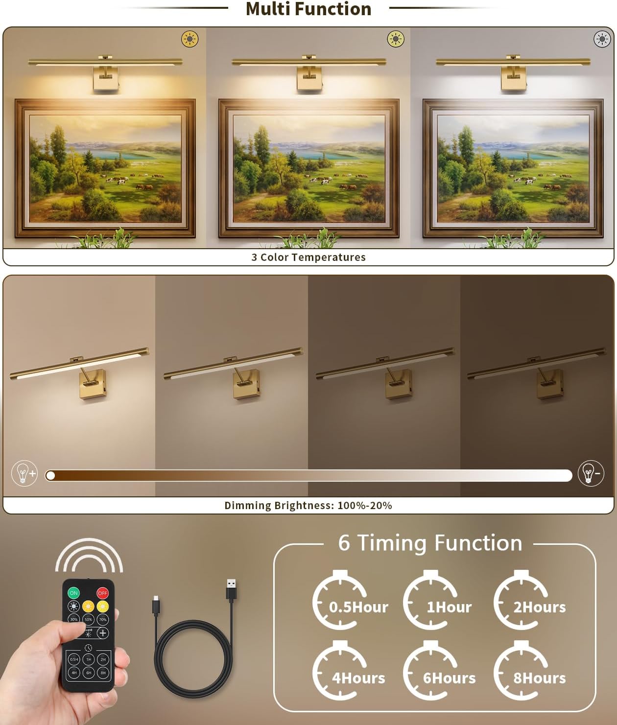 Joosenhouse Battery Operated Picture Lights for Wall Rechargeable Art Lighting for Paintings Wireless Gallery Lights with Remote Control and Dimmable Timed Off Brass Wall Lights 24.4 inch