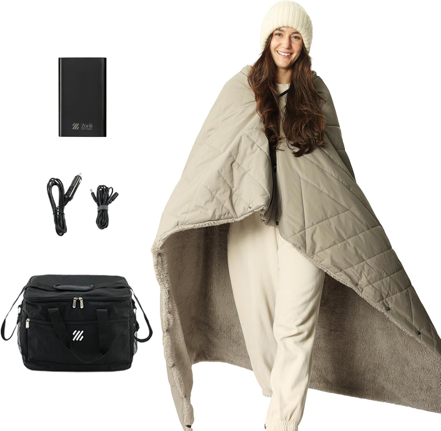 ZonLi Z-Walk Battery Operated Heated Blanket,Rechargeable 12v Portable Heated Blanket with 3 Heating Levels,Includes 20000mAh Power Bank,for Camping,Car,Stadium,Outdoors(Grey)